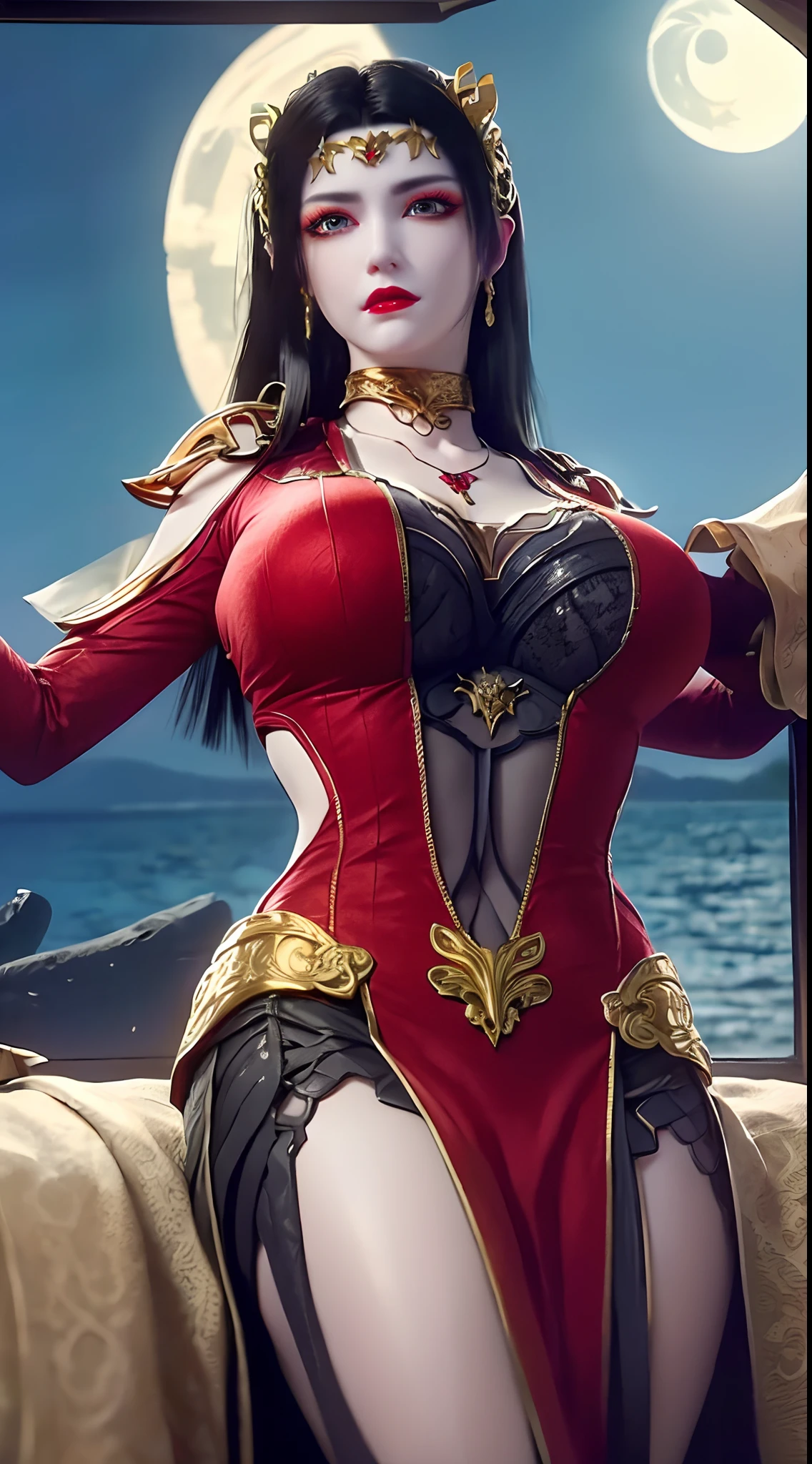 1 extremely beautiful bride, ((wearing a red wedding dress:1.6)), (((jewels decorated on wedding dresses:1.6))), ((long black hair:1.6)), jewelry elaborately made from precious stones and beautiful hair, ((wearing a 24k gold lace necklace:1.4))), ((A thin red silk scarf covers half of the face:1.5)), the noble, noble style of an extremely beautiful girl, her small face is super cute, her face is very pretty, thin eyebrows, flawless beautiful face, ((black eye pupils: 0.8)), very beautiful eyes, ((platinum blue eyes: 1.6)), (((big round eyes:1.6))), nice makeup and hair detailed eyelashes, steamy eye makeup, high nose, earrings, red lips, ((closed mouth: 1.5)) beautiful lips, slim hands, most beautiful thighs, ((arms spread out to the sides: 1.5)), rosy face, clean face, flawless beautiful face, smooth white skin, (big breasts: 1.5)), ((high breasts: 1.6)), tight breasts, beautiful cleavage, (((big breasts and super round: 1.8))), ((super tight breasts: 1.7)) , beautiful breasts, perfect body, back arms, chest out, thin black mesh stockings with black lace trim, 8k photo, super high quality, super realistic, super 10x pixels, optical, bright studio, bright edges, dual-tone lighting, (high-detail skin:1.2), super 8k, soft lighting, high quality, volumetric lighting, photorealistic, photorealistic high resolution, lighting, best photo, 4k, 8k quality, blur effect, smooth sharp, 10 x pixel, ((sea and moonlight at night background:1.5)), aurora, lightning, super graphics realistic, most realistic graphics, 1 girl, alone, solo, Extremely sharp image, surreal, (((frontal portrait: 1)))."