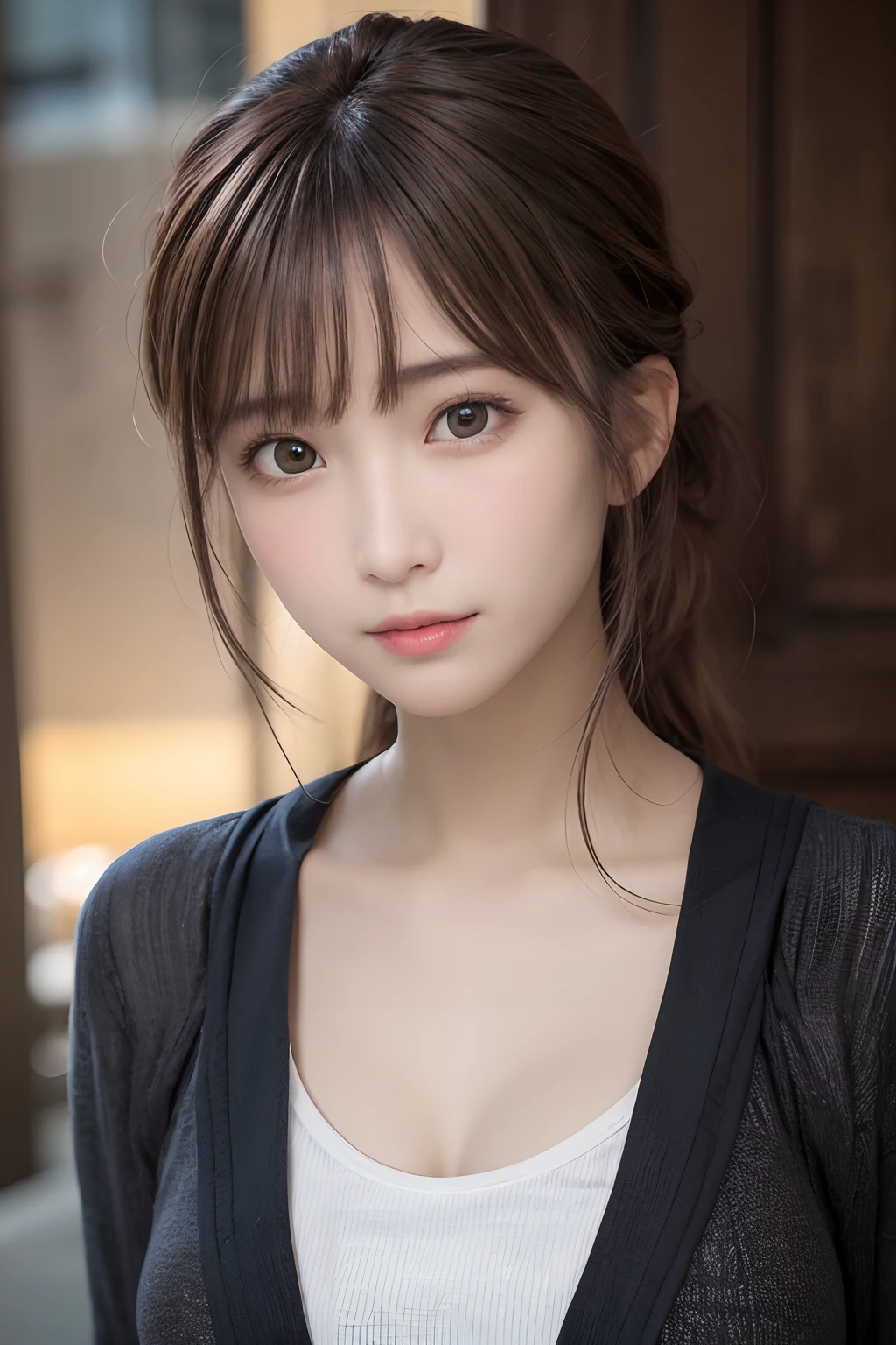 masterpiece, top-quality, in 8K, absurderes, The upper part of the body, whiteshirt, beautiful a girl, Clean face, looking at the viewers, A smile, A hyper-realistic, hight resolution, foco nítido, nffsw, face lights, Dynamic lighting, Lighting, Professional Shadows, beautiful cityscape background, highestdetailed, ighly detailed, ultra-detailliert, finely detail, authentic skin, Delicate facial features, Detailed face and eyes, Sharp pupils、Realistic pupils
