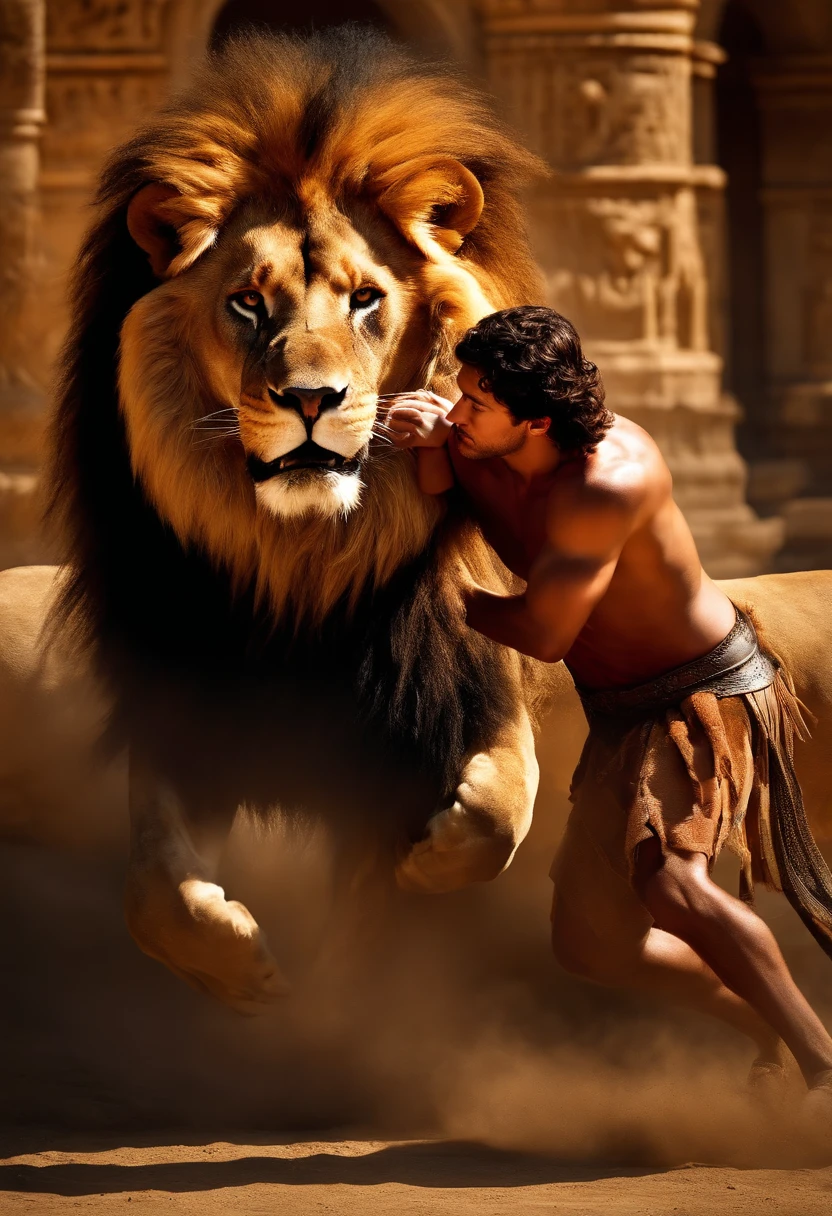 Lion attacking a frightened young gladiator, Coliseu