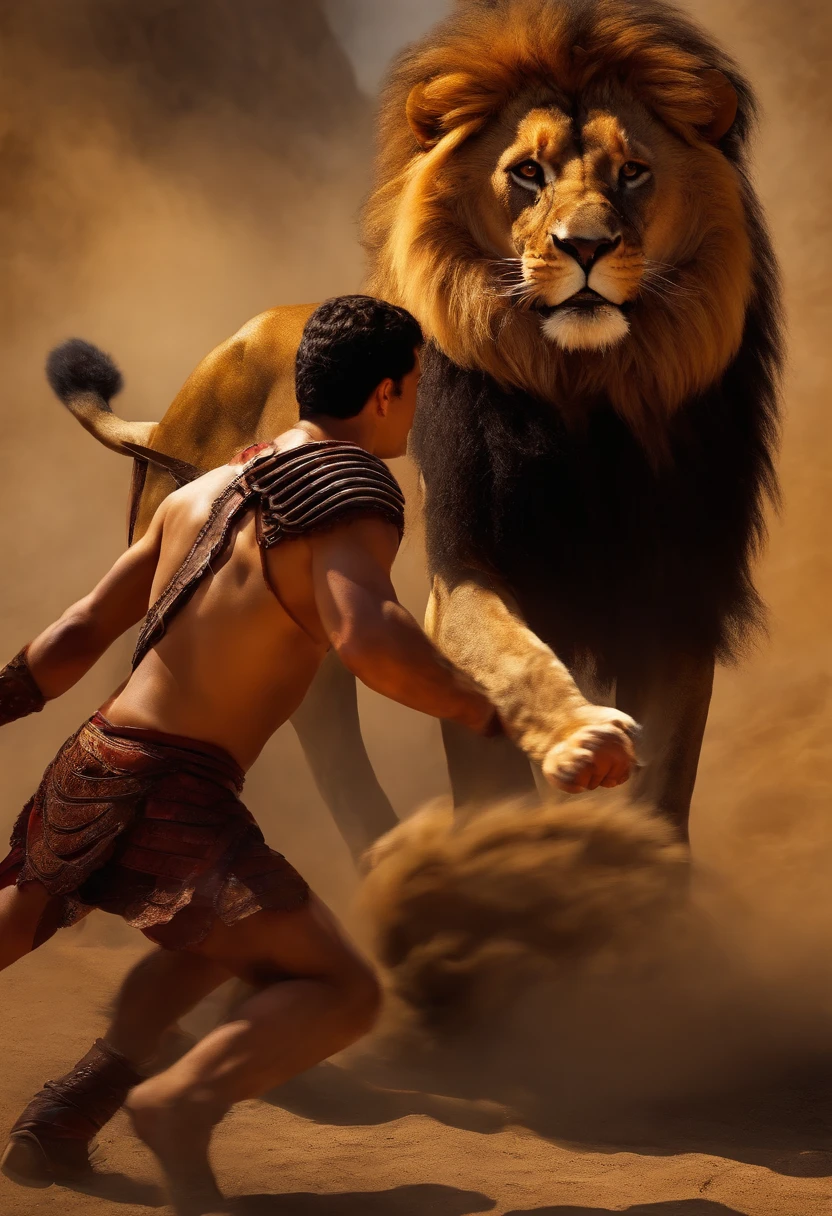 Hunk pale young man brutally eats lion carcass