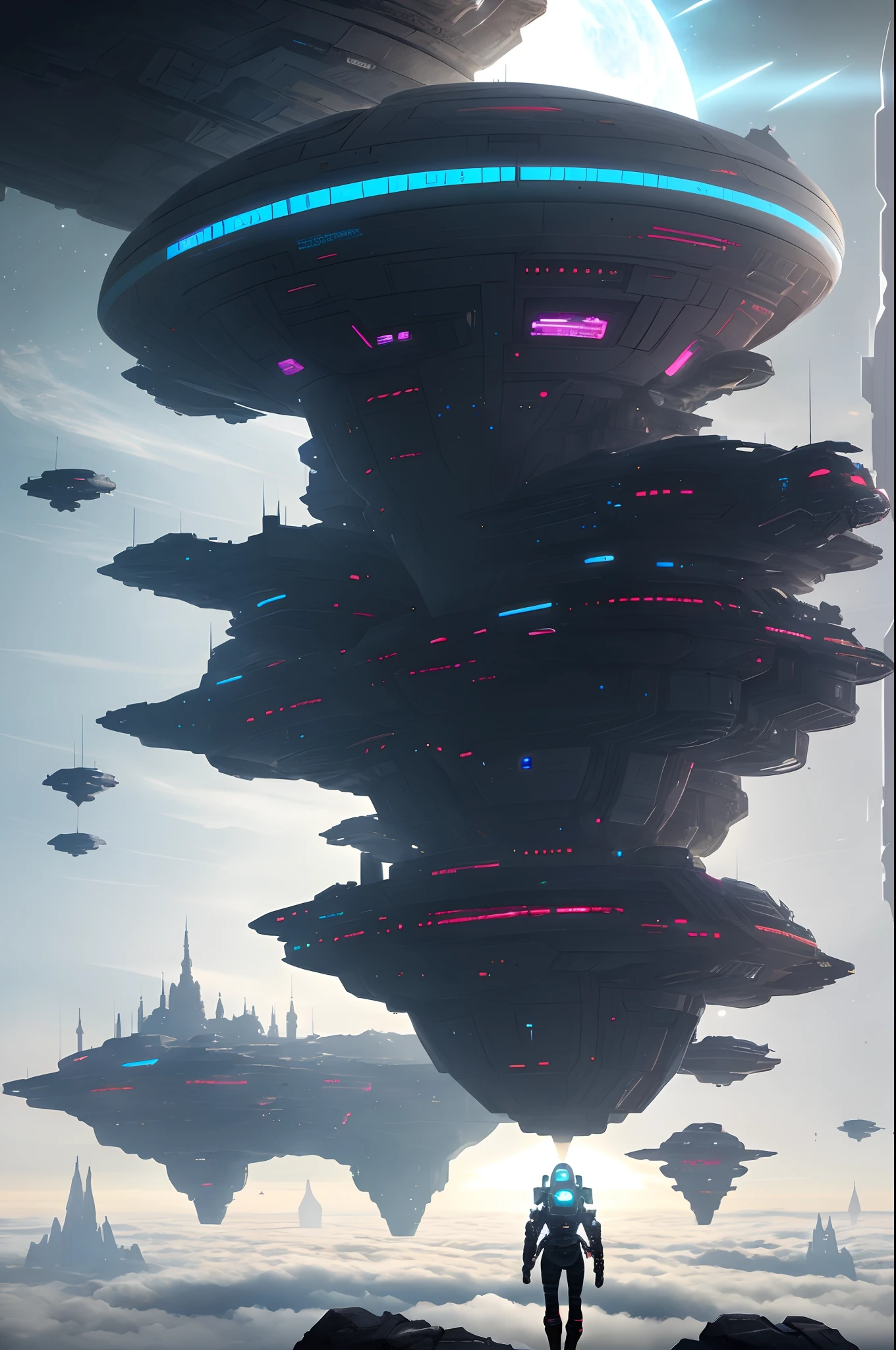 Above the clouds,Interstellar voyage,Huge high-tech floating castle,space station,Futuristic woman futuristic floating castle with futuristic futuristic floating castle background, inspired by Marek Okon, Beautiful sci-fi art, Science-fi digital art illustration, Digital cyberpunk art, science fiction digital painting, futuristic digital painting, futuristic concept art, In front of the view of the sci-fi floating castle, science fiction digital art, Advanced digital cyberpunk art, dreamy cyberpunk girl