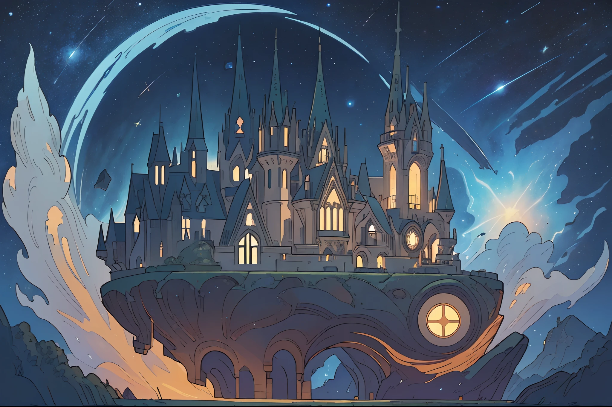 A giant ((space ship with a glass domo1.5)), carrying a beautiful elvish castle inside, art nouveau, Gaudí inspired with curved lines, some windows slightly illuminated, surrealistic, illuminated by stars, deep black starry sky with nebula as background, dreamy.