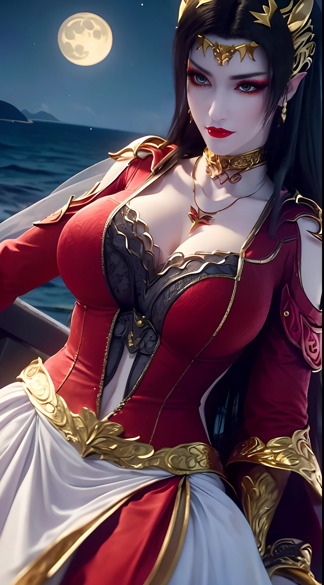 1 extremely beautiful bride, ((wearing a red wedding dress:1.6)), (((jewels decorated on wedding dresses:1.6))), ((long black hair:1.6)), jewelry elaborately made from precious stones and beautiful hair, ((wearing a 24k gold lace necklace:1.4))), ((A thin red silk scarf covers half of the face:1.5)), the noble, noble style of an extremely beautiful girl, her small face is super cute, her face is very pretty, thin eyebrows, flawless beautiful face, ((black eye pupils: 0.8)), very beautiful eyes, ((platinum blue eyes: 1.6)), (((big round eyes:1.6))), nice makeup and hair detailed eyelashes, steamy eye makeup, high nose, earrings, red lips, ((closed mouth: 1.5)) beautiful lips, slim hands, most beautiful thighs, ((arms spread out to the sides: 1.5)), rosy face, clean face, flawless beautiful face, smooth white skin, (big breasts: 1.5)), ((high breasts: 1.6)), tight breasts, beautiful cleavage, (((big breasts and super round: 1.8))), ((super tight breasts: 1.7)) , beautiful breasts, perfect body, back arms, chest out, thin black mesh stockings with black lace trim, 8k photo, super high quality, super realistic, super 10x pixels, optical, bright studio, bright edges, dual-tone lighting, (high-detail skin:1.2), super 8k, soft lighting, high quality, volumetric lighting, photorealistic, photorealistic high resolution, lighting, best photo, 4k, 8k quality, blur effect, smooth sharp, 10 x pixel, ((sea and moonlight at night background:1.5)), aurora, lightning, super graphics realistic, most realistic graphics, 1 girl, alone, solo, Extremely sharp image, surreal, (((frontal portrait: 1)))."