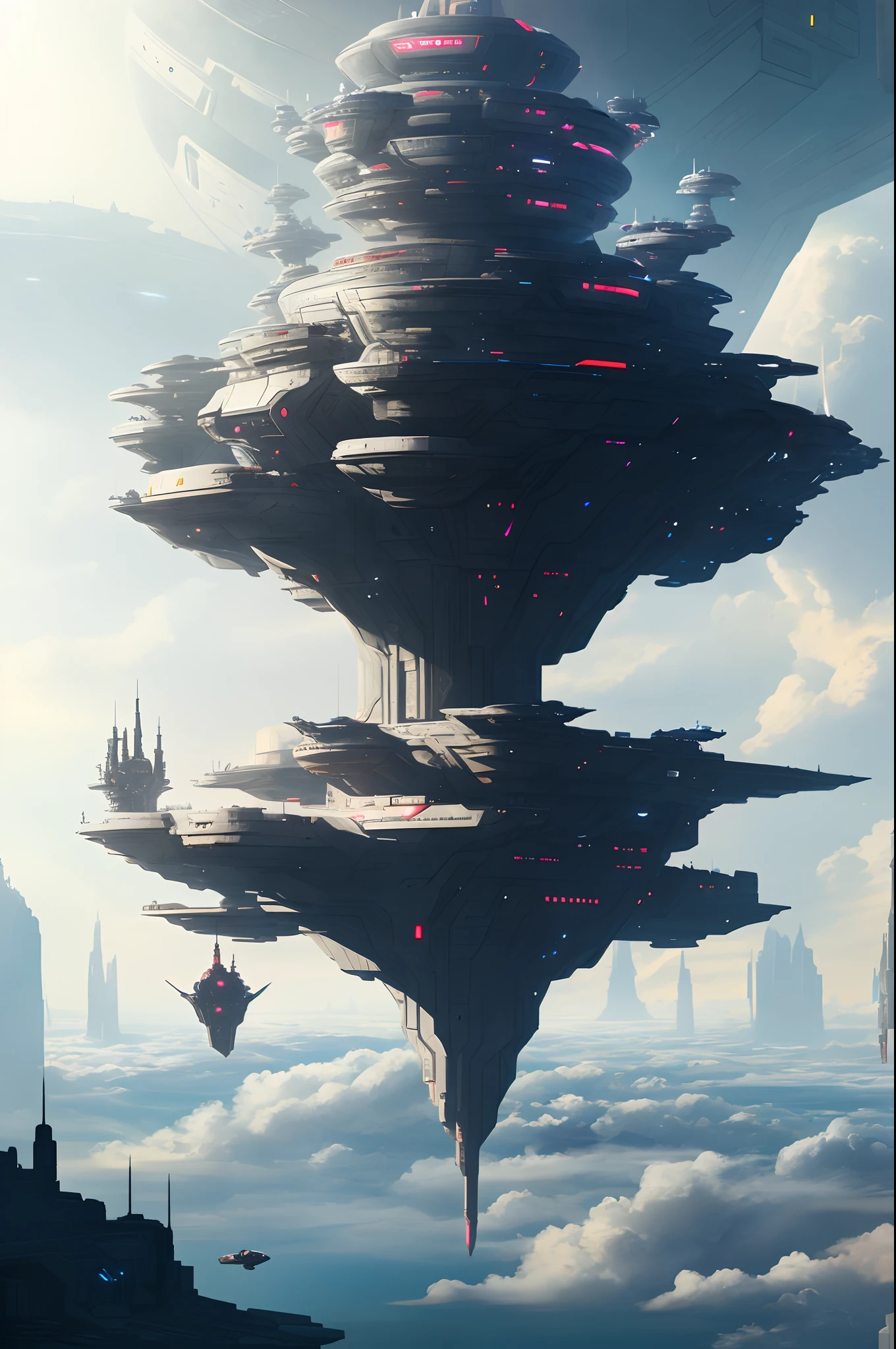 Above the clouds，Interstellar voyage，Huge high-tech floating castle，space station，Futuristic woman futuristic floating castle with futuristic futuristic floating castle background, inspired by Marek Okon, Beautiful sci-fi art, Science-fi digital art illustration, Digital cyberpunk art, science fiction digital painting, futuristic digital painting, futuristic concept art, In front of the view of the sci-fi floating castle, science fiction digital art, Advanced digital cyberpunk art, dreamy cyberpunk girl