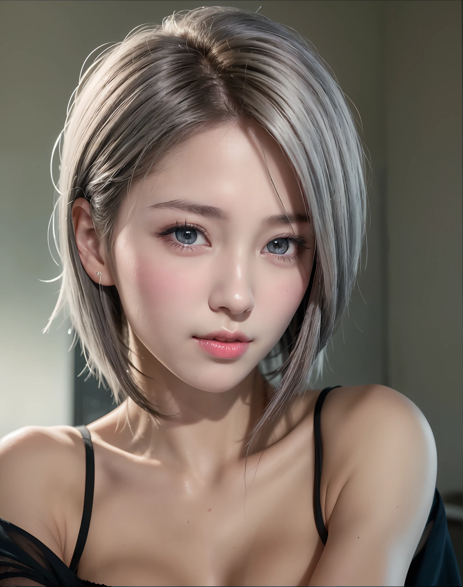 (8K, Photorealistic, Raw photo, of the highest quality: 1.3), (1girl in), Super beautiful, (Realistic face), (boyish, Silver Color Berry Shorthair), Beautiful , Glare that captivates the viewer, Beautiful expression, Beautiful breasts, (Realistic skin), Beautiful...