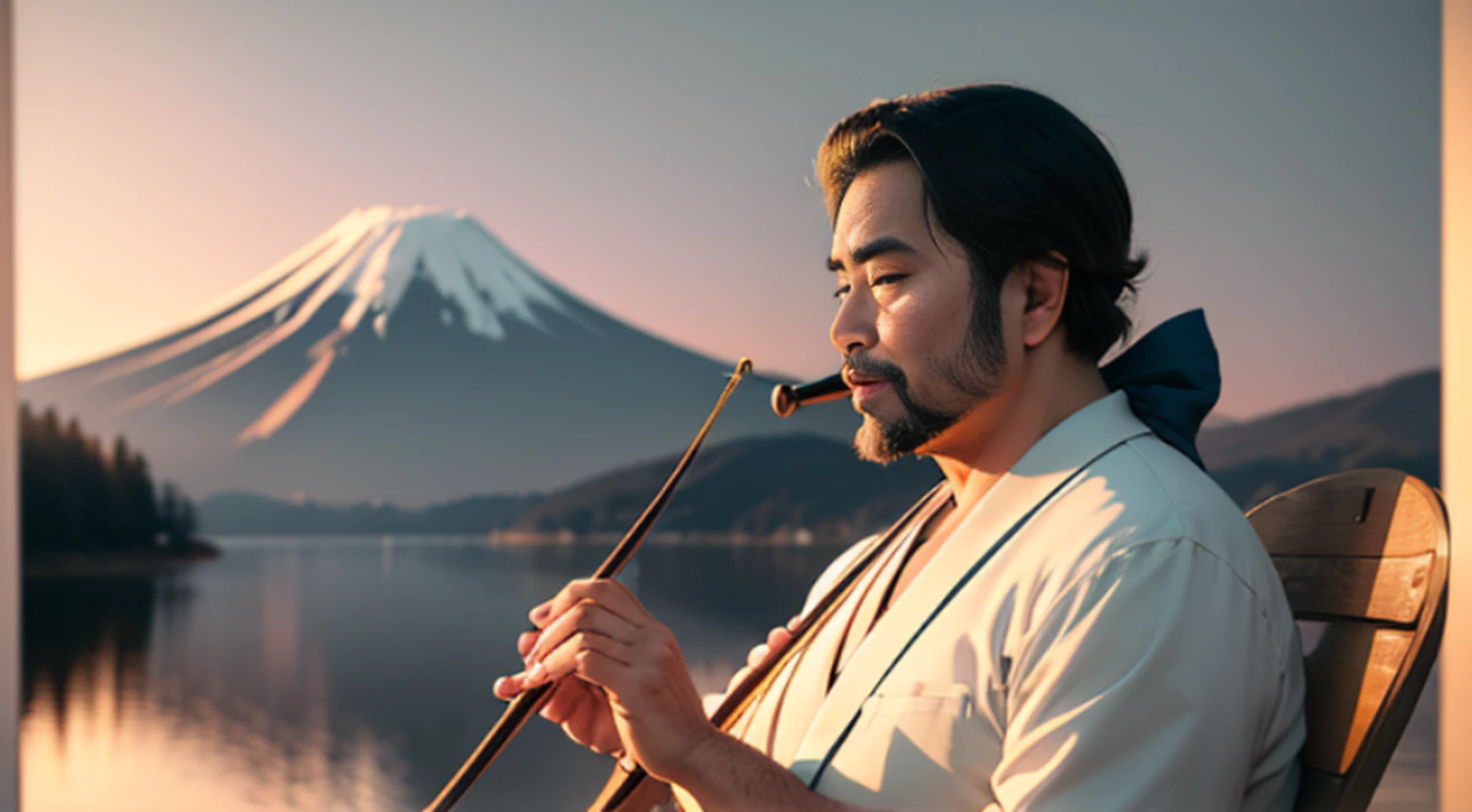 (melhor qualidade, Realistic, fotorrealista:1.37), elegante, Anos 70 usando smoking,Little fat man from Japan, tem barba,Sentado em uma cadeira tocando violoncelo, Playing with a bow in his right hand,Beira do Lago Yamanaka, Mount Fuji in Japan at the bottom of the lake, Com dois cisnes nadando no lago, cores vibrantes, soft lighting,Rosto de mordida de sangue,