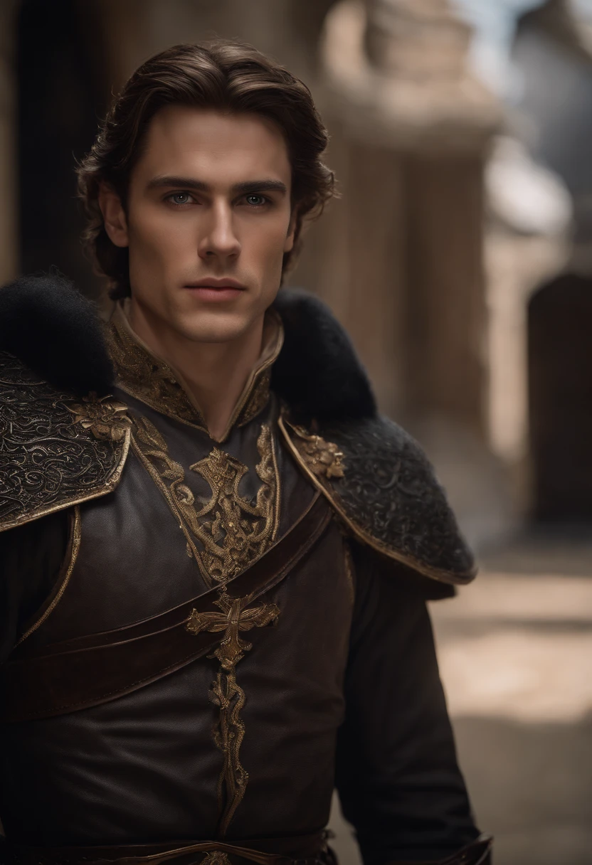 Gilthunder is a British man of medium height, with a slender yet muscular build that exudes confidence. His hair is a deep, smooth brown, reaching down to his neck, with some strands delicately falling onto his face, adding a touch of mysterious elegance.His face is truly remarkable, featuring handsome features and a chiseled jawline that bestow an air of determination. His skin is pale, with a subtle rosy undertone, further enhancing his classical beauty. His lips are naturally rosy, while his nose is straight and flawless, completing the harmony of his face.Gilthunder's eyes are like two deep pools of intense blue, carrying a serious and penetrating expression. They seem to reflect profound knowledge and unshakable inner strength.Dressed in a black medieval tunic, Gilthunder emits an aura of mystery and authority. His figure, with the tunic accentuating his silhouette, appears as if it's straight out of a tale of knights and castles. Additionally, he boasts a muscular physique, further enhancing his imposing presence. Cinematic realistic portrait, bonito rosto detalhado, rosto realista altamente detalhado, Rosto altamente detalhado de 8k, retrato de rosto detalhado realista, 8k portrait render, sharp high detail face, realistic face moody lighting, rosto realista detalhado, rosto realista humano, Retrato VFX altamente detalhado, rosto detalhado e realista, rosto realista e detalhado