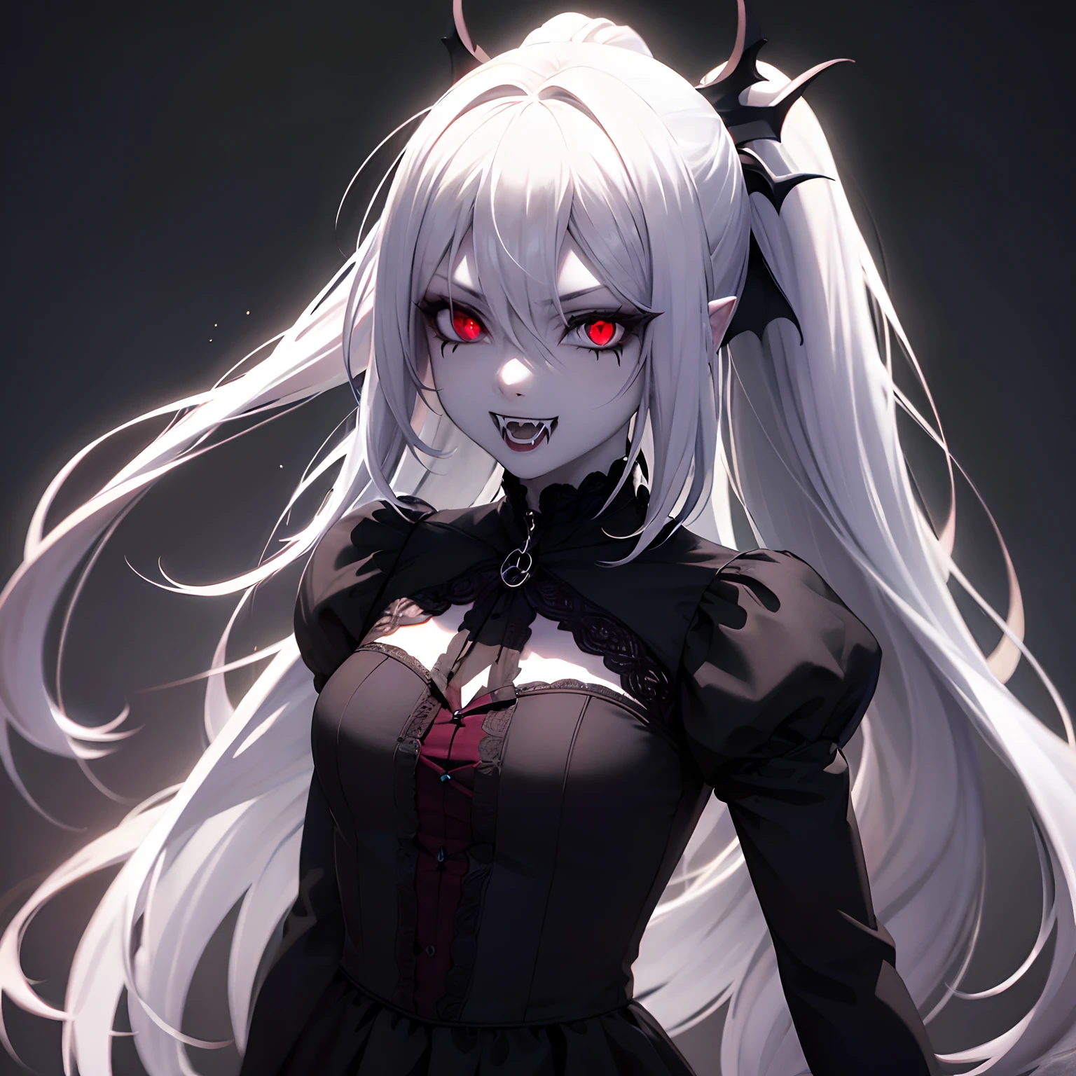 (masterpiece), best quality, expressive eyes, perfect face, ((Long white hair)), Vampire Fangs, ((Red eyes)), pale skin, black goth Dress ,ponytail, black tattoos, grave, dynamic pose, vampire, fangs, upper body, Vampire facing