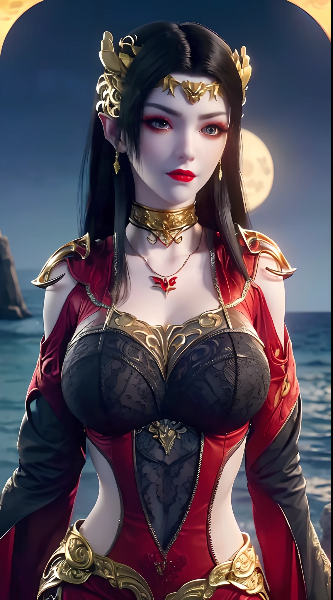 1 extremely beautiful bride, ((wearing a red wedding dress:1.6)), (((jewels decorated on wedding dresses:1.6))), ((long black hair:1.6)), jewelry elaborately made from precious stones and beautiful hair, ((wearing a 24k gold lace necklace:1.4))), ((A thin red silk scarf covers half of the face:1.5)), the noble, noble style of an extremely beautiful girl, her small face is super cute, her face is very pretty, thin eyebrows, flawless beautiful face, ((black eye pupils: 0.8)), very beautiful eyes, ((platinum blue eyes: 1.6)), (((big round eyes:1.6))), nice makeup and hair detailed eyelashes, steamy eye makeup, high nose, earrings, red lips, ((closed mouth: 1.5)) beautiful lips, slim hands, most beautiful thighs, ((arms spread out to the sides: 1.5)), rosy face, clean face, flawless beautiful face, smooth white skin, (big breasts: 1.5)), ((high breasts: 1.6)), tight breasts, beautiful cleavage, (((big breasts and super round: 1.8))), ((super tight breasts: 1.7)) , beautiful breasts, perfect body, back arms, chest out, thin black mesh stockings with black lace trim, 8k photo, super high quality, super realistic, super 10x pixels, optical, bright studio, bright edges, dual-tone lighting, (high-detail skin:1.2), super 8k, soft lighting, high quality, volumetric lighting, photorealistic, photorealistic high resolution, lighting, best photo, 4k, 8k quality, blur effect, smooth sharp, 10 x pixel, ((sea and moonlight at night background:1.5)), aurora, lightning, super graphics realistic, most realistic graphics, 1 girl, alone, solo, Extremely sharp image, surreal, (((frontal portrait: 1)))."