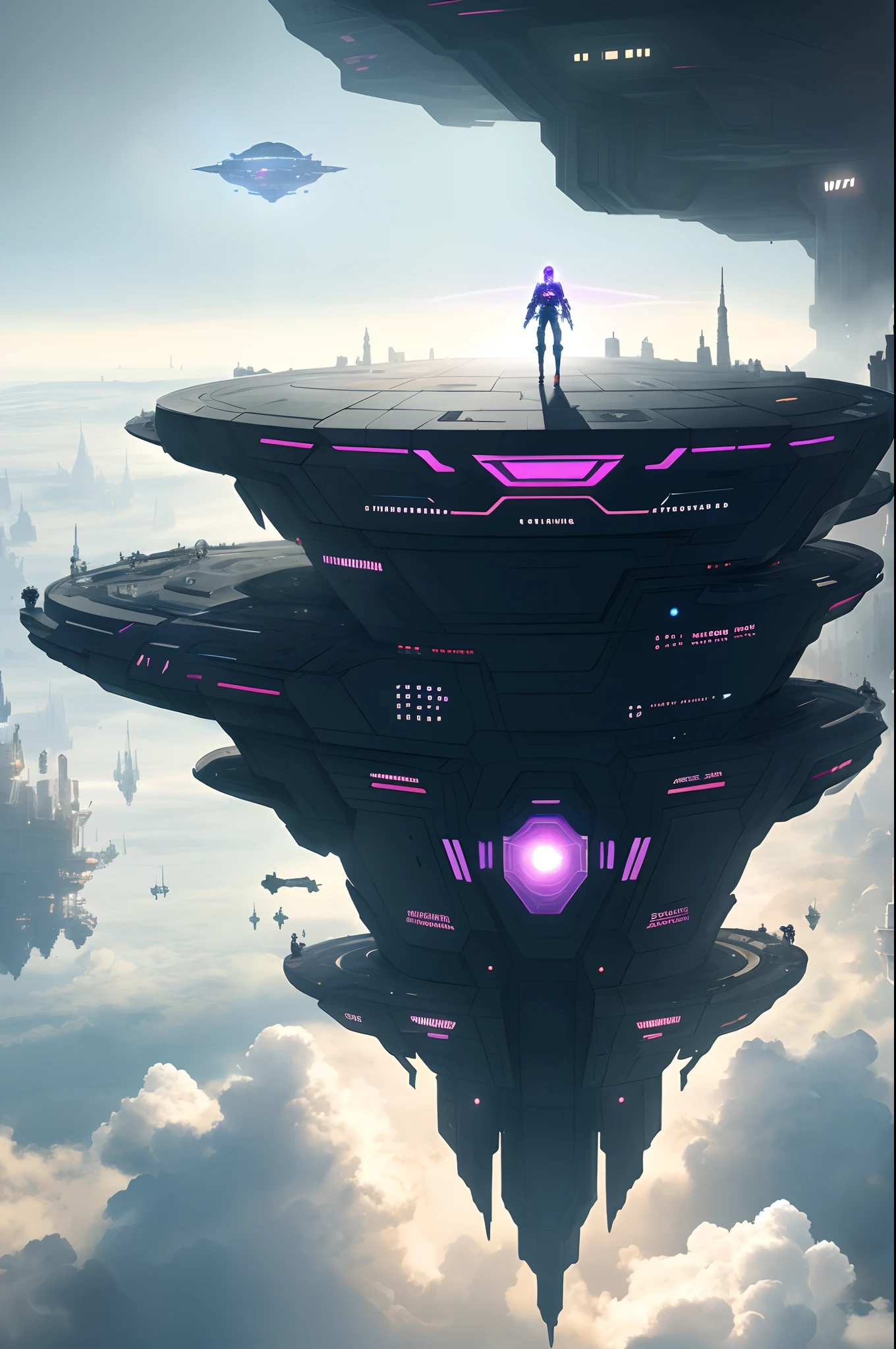Above the clouds,Interstellar voyage,Huge high-tech floating castle,space station,Futuristic woman futuristic floating castle with futuristic futuristic floating castle background, inspired by Marek Okon, Beautiful sci-fi art, Science-fi digital art illustration, Digital cyberpunk art, science fiction digital painting, futuristic digital painting, futuristic concept art, In front of the view of the sci-fi floating castle, science fiction digital art, Advanced digital cyberpunk art, dreamy cyberpunk girl