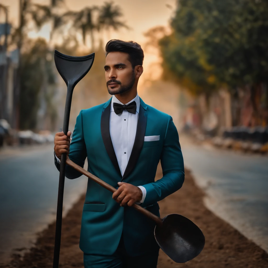man with tuxedo half body, with shovel, at longway road