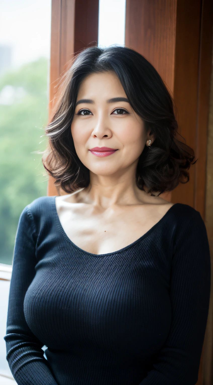 ((Best quality, 8K, Masterpiece, Portrait: 1.3)), (View viewers), Photorealism, Sharp focus, Solo, The Moro Islamic Liberation Front of Japan, Beauty,Wavy hair, Wrinkles at the corners of the eyes, to emphasize, ((Big breasts:1.3))),,30 years old, curlies, Wrinkled eyes, Elegant black shirt、Skinny knit dress、((looking at viewert))