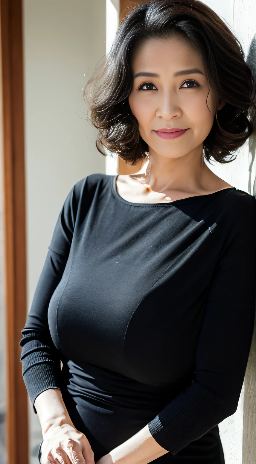 ((Best quality, 8K, Masterpiece, Portrait: 1.3)), (View viewers), Photorealism, Sharp focus, Solo, The Moro Islamic Liberation Front of Japan, Beauty,Wavy hair, Wrinkles at the corners of the eyes, to emphasize, ((Big breasts:1.3))),,30 years old, curlies, Wrinkled eyes, Elegant black shirt、Skinny knit dress、((looking at viewert))