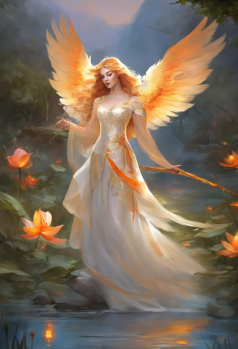 Anime game Arcane Garden's of the Great White Empire - Girl, fairy, golden eyes, fiery golden hair, orange feather wings, fairy wings, feathers, fiery golden dress, white tights, white hairpin, lotus bracelet, fiery lotuses, lake, sunset, Asian temple on the background, white scythe