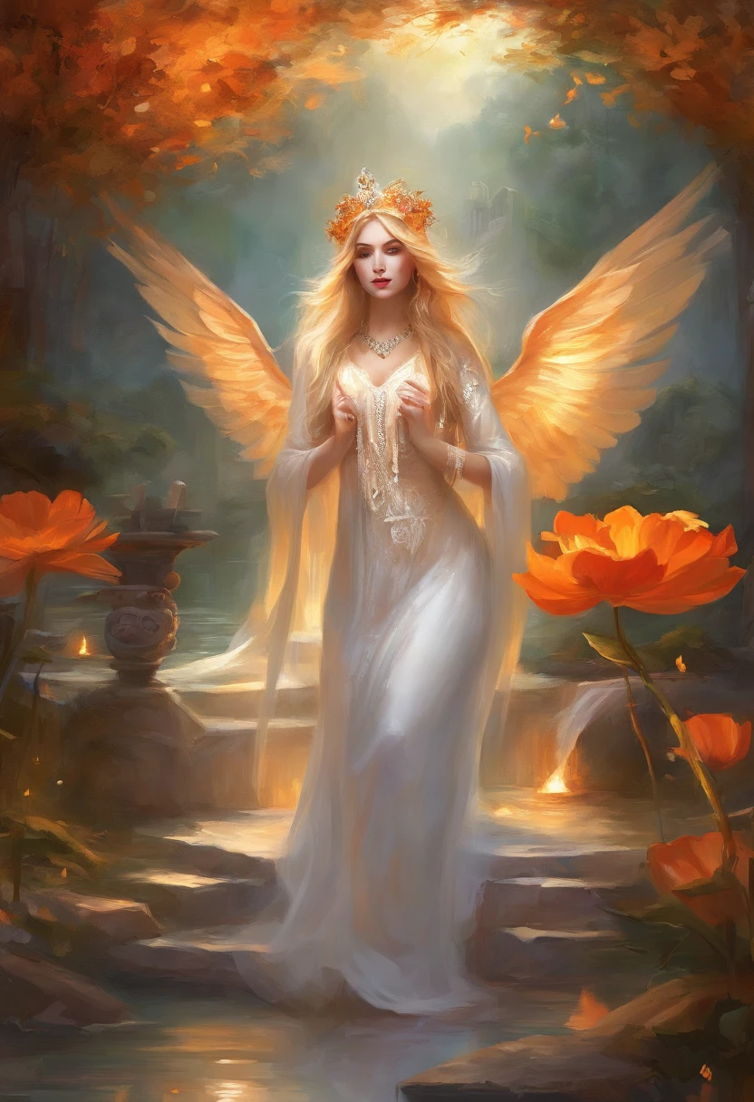 Anime game Arcane Garden's of the Great White Empire - Girl, fairy, golden eyes, fiery golden hair, orange feather wings, fairy wings, feathers, fiery golden dress, white tights, white hairpin, lotus bracelet, fiery lotuses, lake, sunset, Asian temple on the background, white scythe