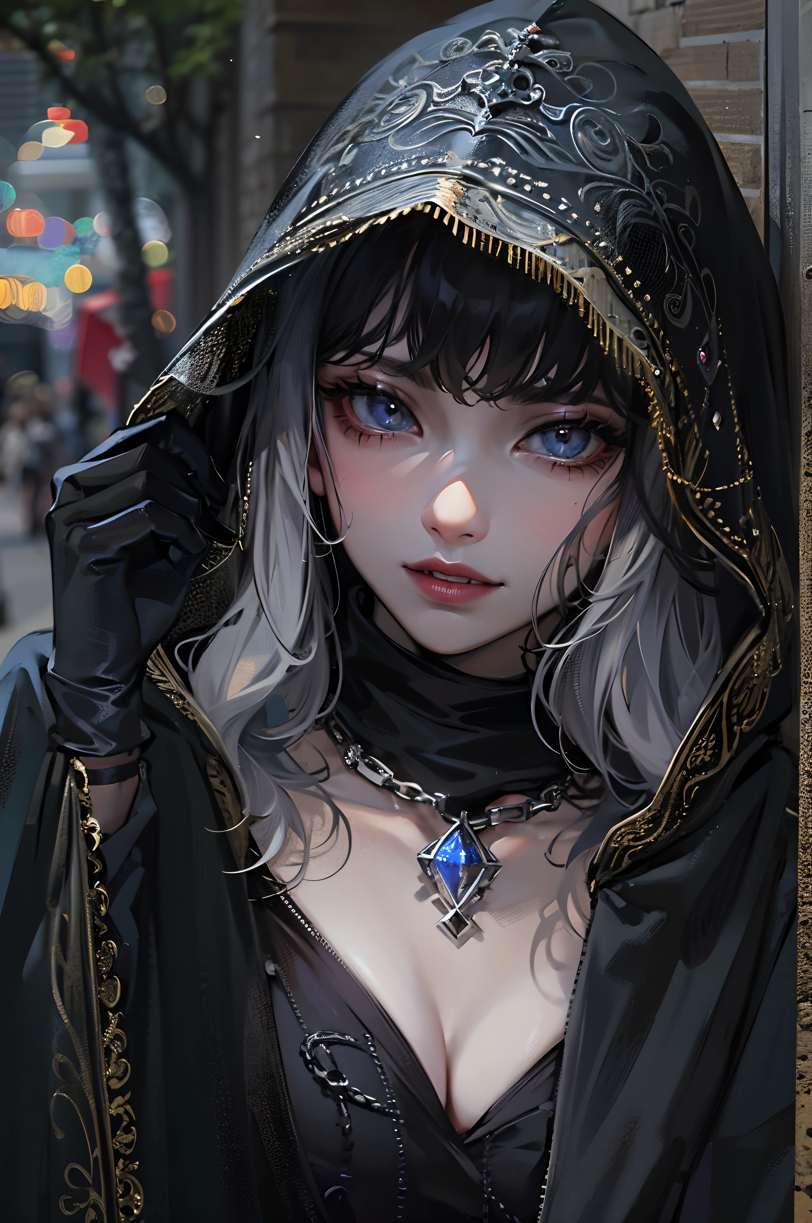 Smart beautiful girl wearing black hood on the street,European Middle Ages,God of mischief,sneering,deep black robe,with short black hair,a crystal pendant,Absurd style,Black silk gloves,White skin of the,((Poor milk)),((tmasterpiece)),(Best quality at best),(Highest definition)