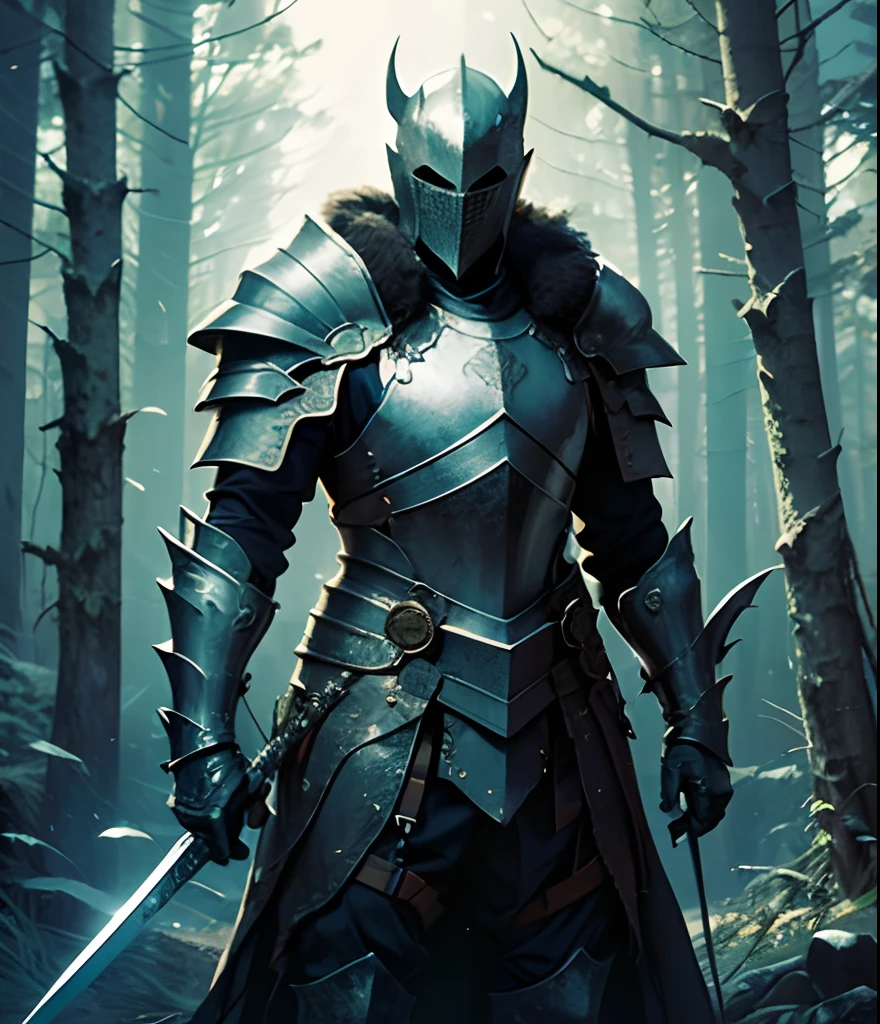 Masterpiece, man standing in a dark forest, from others, knight's armor, sword, many details, dark fantasy --auto --s2