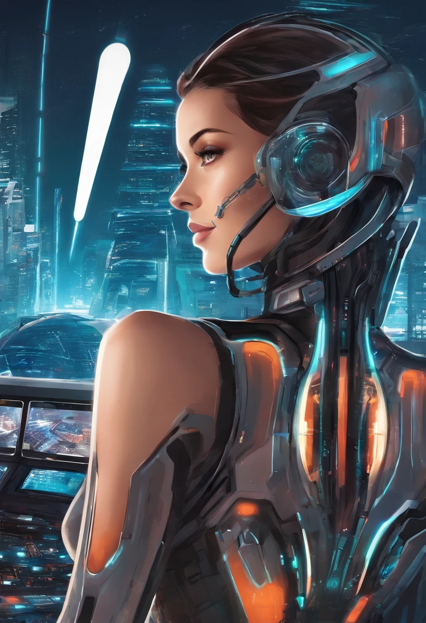 futuristic city with futuristic train and futuristic buildings at night, Arte conceitual do futuro, outra palavra futurista cidade, Em Fantasy Sci - Cidade de Fi:, bela cidade do futuro, futuristic utopian city, 8K resolution concept art, 8K resolution concept art, cidade do futuro, Porto espacial futurista, arte conceitual 8 k, Arte conceitual de Sci-Fi Hollywood, personagens feminina, armadura futurista, cabelo longo preto, seios grandes, bunda grande, sorriso, capuz, segurando uma espada futurista,