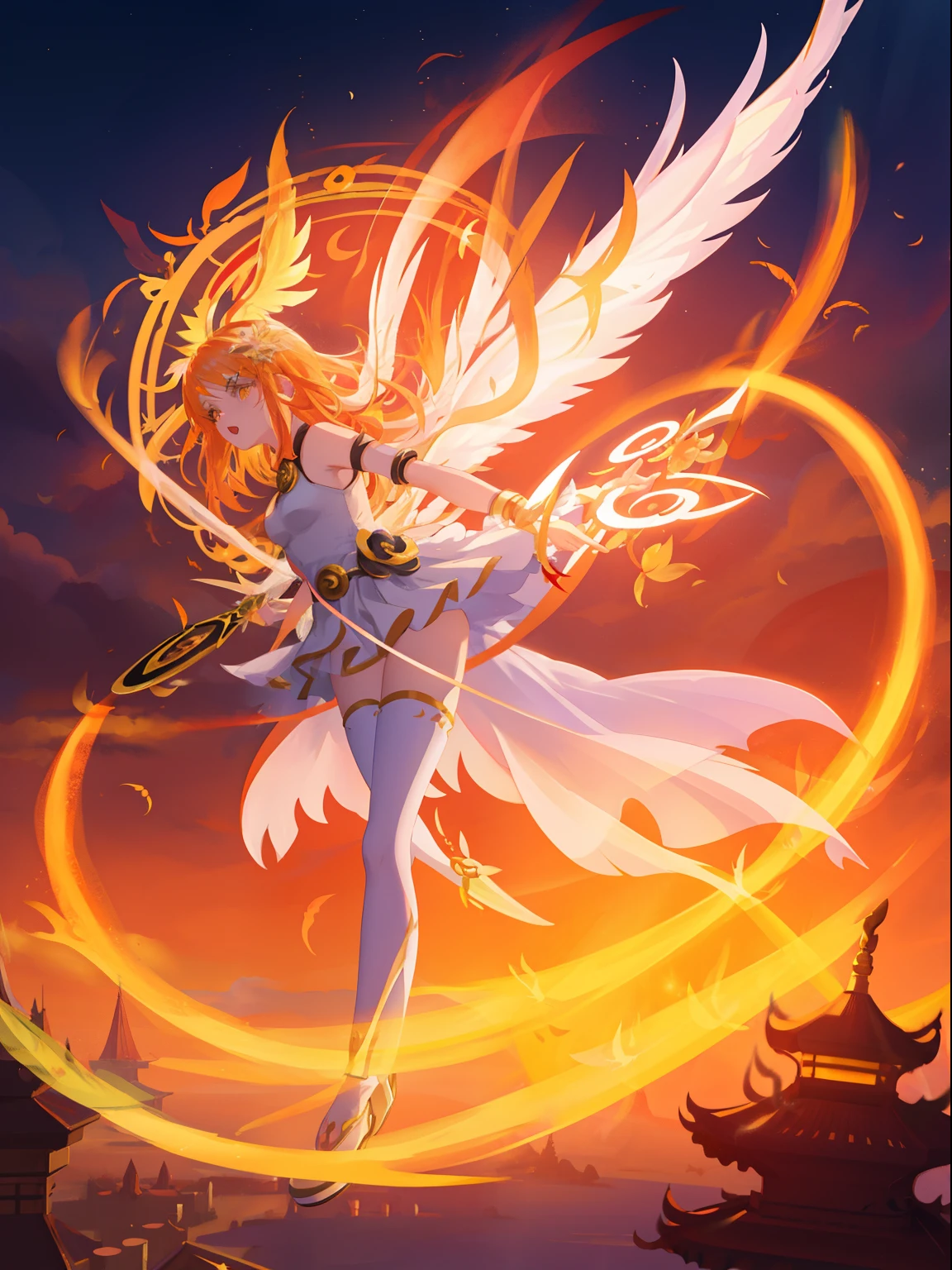 Anime game Arcane Garden's of the Great White Empire - Girl, fairy, golden eyes, fiery golden hair, orange feather wings, fairy wings, feathers, fiery golden dress, white tights, white hairpin, lotus bracelet, fiery lotuses, lake, sunset, Asian temple on the background, white scythe