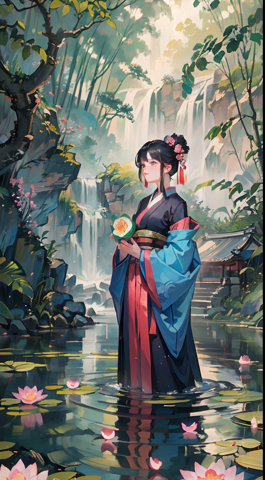 ((Best Quality, Masterpiece: 1.2)), A girl, Valley Hair, blue hair color, gentle face, Clothing of Ancient Japan, geisha, stands on the water, holding lotuses in his hands, Pink lotuses, computer graphics, 8K, intricate details, Cinematic perspective, (There is no one around), (Ancient Chinese Garden), pond, filled with lotus flowers, rocks, Flowers, Bamboo forests, waterfalls, Forests, Small bridges, thrown over babbling streams, detailed foliage and flowers, (Sunlight shines, Sparkling waves), A peaceful and serene atmosphere, ((Soft and elegant colors)), ((Exquisitely thought-out composition))