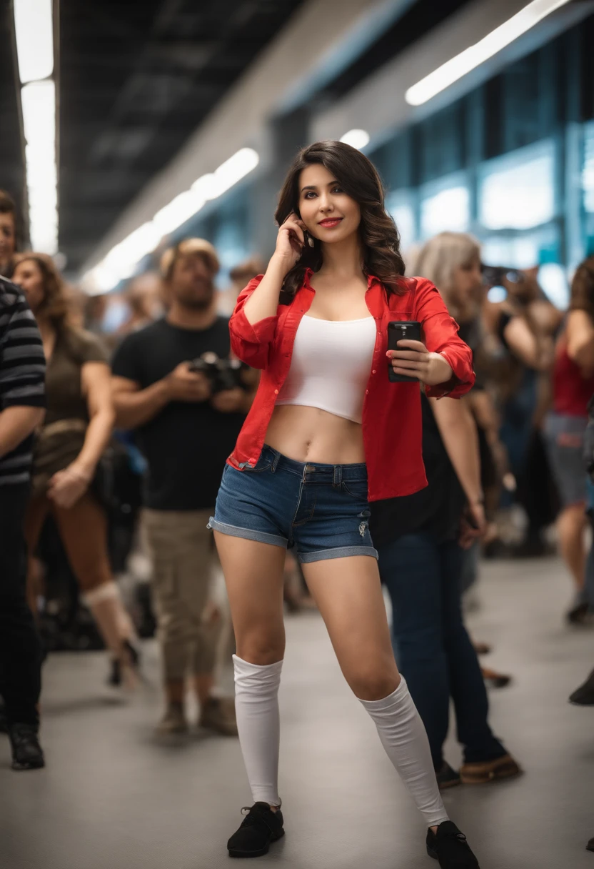 iu1,Fujifilm XT3, from overhead,full body,depth, sharp image,hyper realism, 8k,cinematic, realistic, photo-realistic,ultra detailed,Hyper realistic, masterpiece, 3 point lighting, masterpiece, best quality, 20 year old woman wearing a red shirt and jean short, taking a selfie, smile, sexy, small breasts,perfect breasts, (petite body),small waist,white skin, unblemished, crowd,cosplay,comic con,