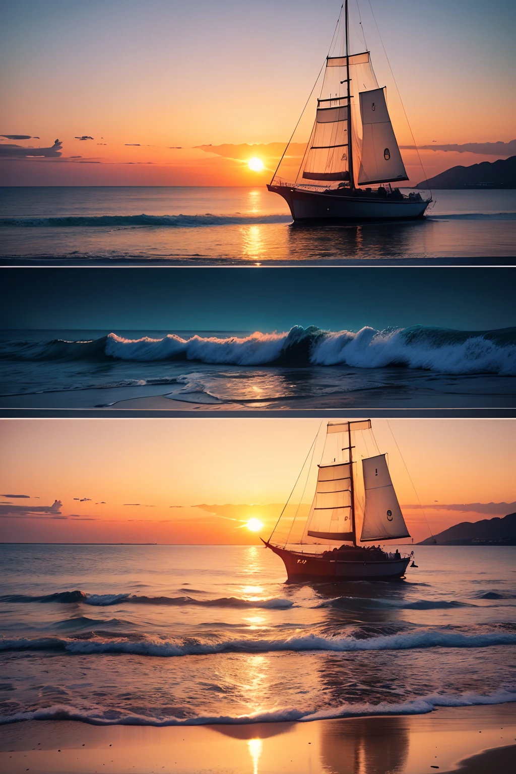 beatiful beach sunset with sailing boats silhouettes