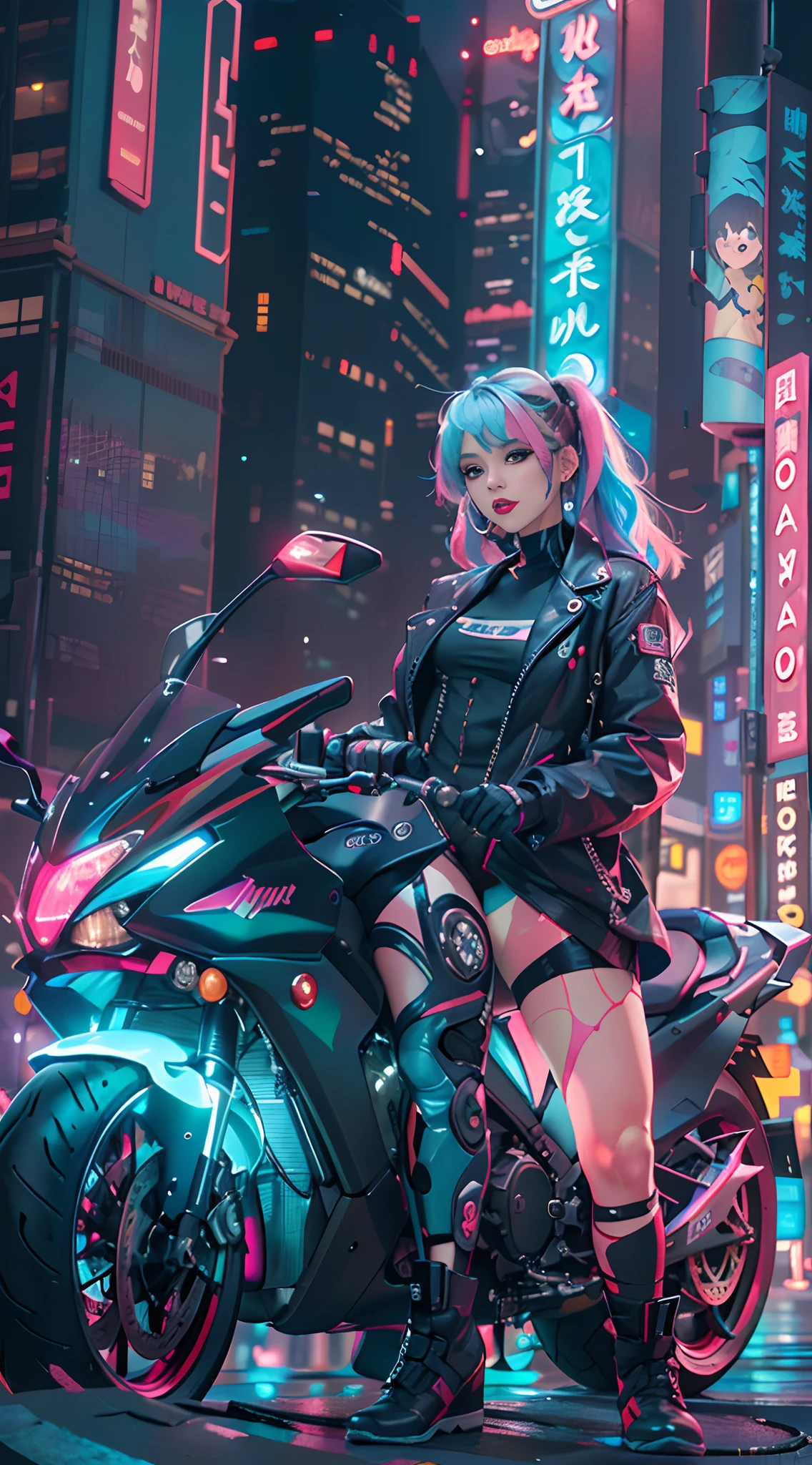masutepiece, Best Quality, Confident cyberpunk girl, Full body shot, ((Stand in front of the motorcycle)), Pop costumes inspired by Harajuku, Bold colors and patterns, Eye-catching accessories, Trendy and innovative hairstyles, Bright makeup, Cyberpunk dazzling cityscape, Skyscrapers, neon signs, led lights, Bright and vivid color scheme, Anime, Illustration, Detailed skin texture, Detailed Cloth Texture, beautifull detailed face, Intricate details, ultra-detailliert.