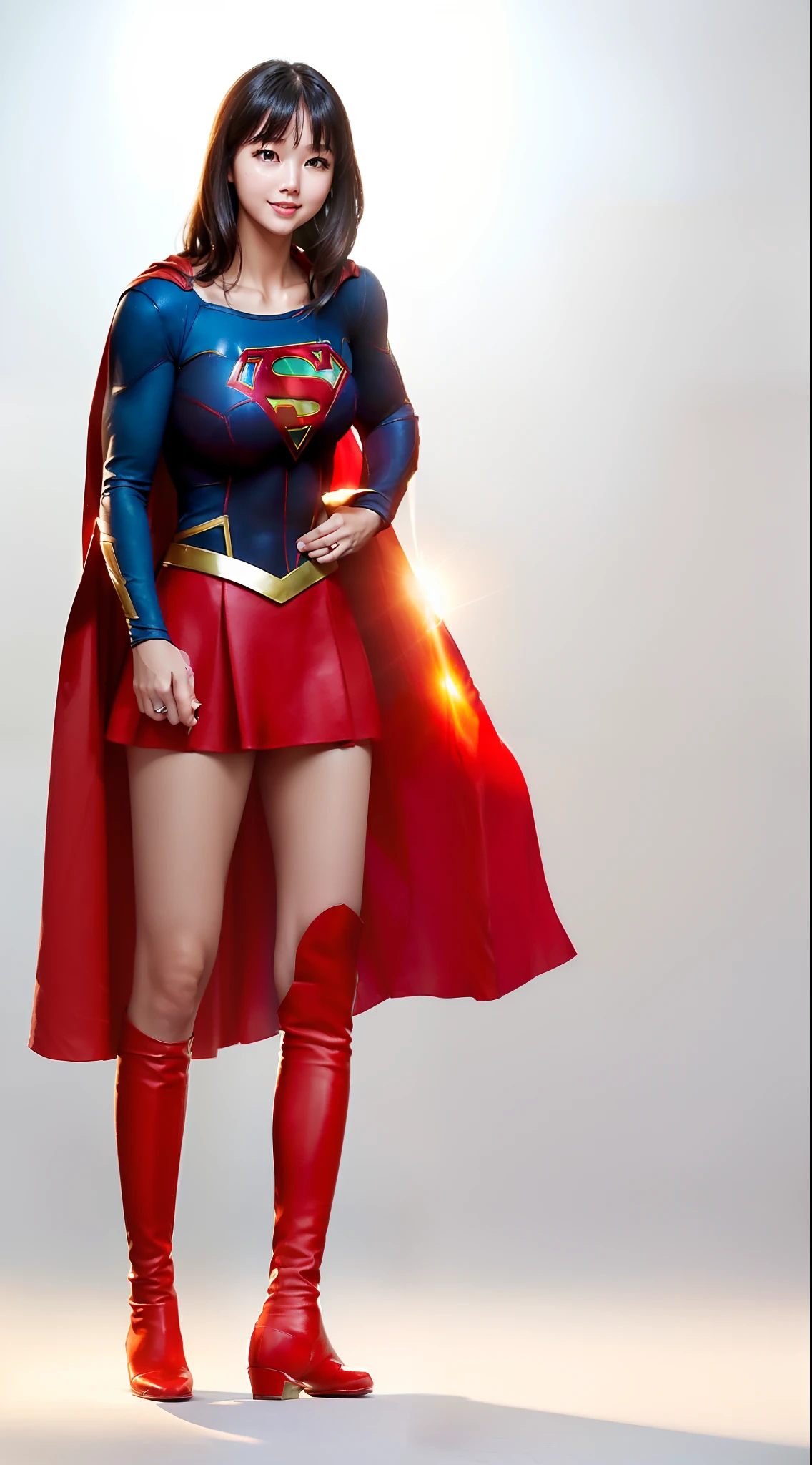 (((Make the most of the original image)))、(((Supergirl Costume)))、(((shiny short hair)))、(((Suffering)))、(((Feet must necessarily be worn with black tights)))、(((Smile)))、(((You need to wear red boots)))、((Top image quality、8K))、((top-quality、8K、​masterpiece:1.3))、(((Keep your background simple)))、Crisp focus:1.2、Beautiful woman with perfect body shape:1.4、Slender Abs:1.2、((layers-Cut、large boob:1.2))、a wet body:1.5、Highly detailed facial and skin texture、