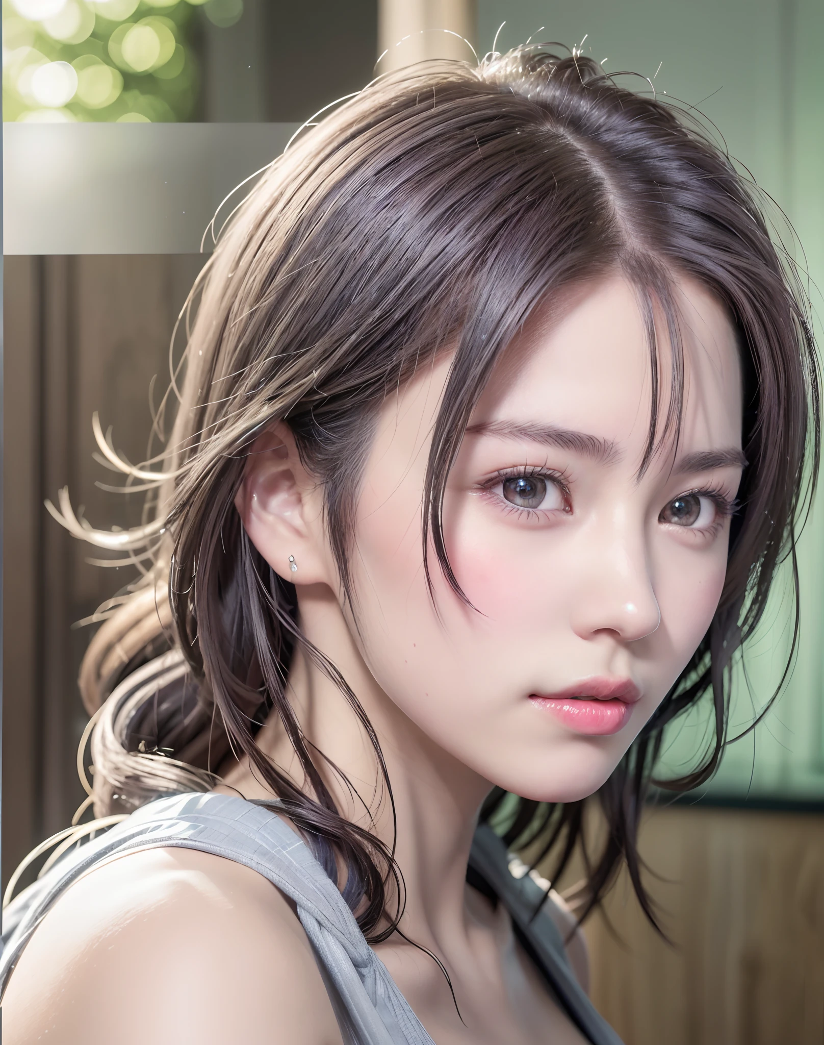 (8K, Photorealistic, Raw photo, of the highest quality: 1.3), (1girl in), Super beautiful, (Realistic face), (boyish, Silver Color Berry Shorthair), Beautiful , Glare that captivates the viewer, Beautiful expression, Beautiful breasts, (Realistic skin), Beautiful...