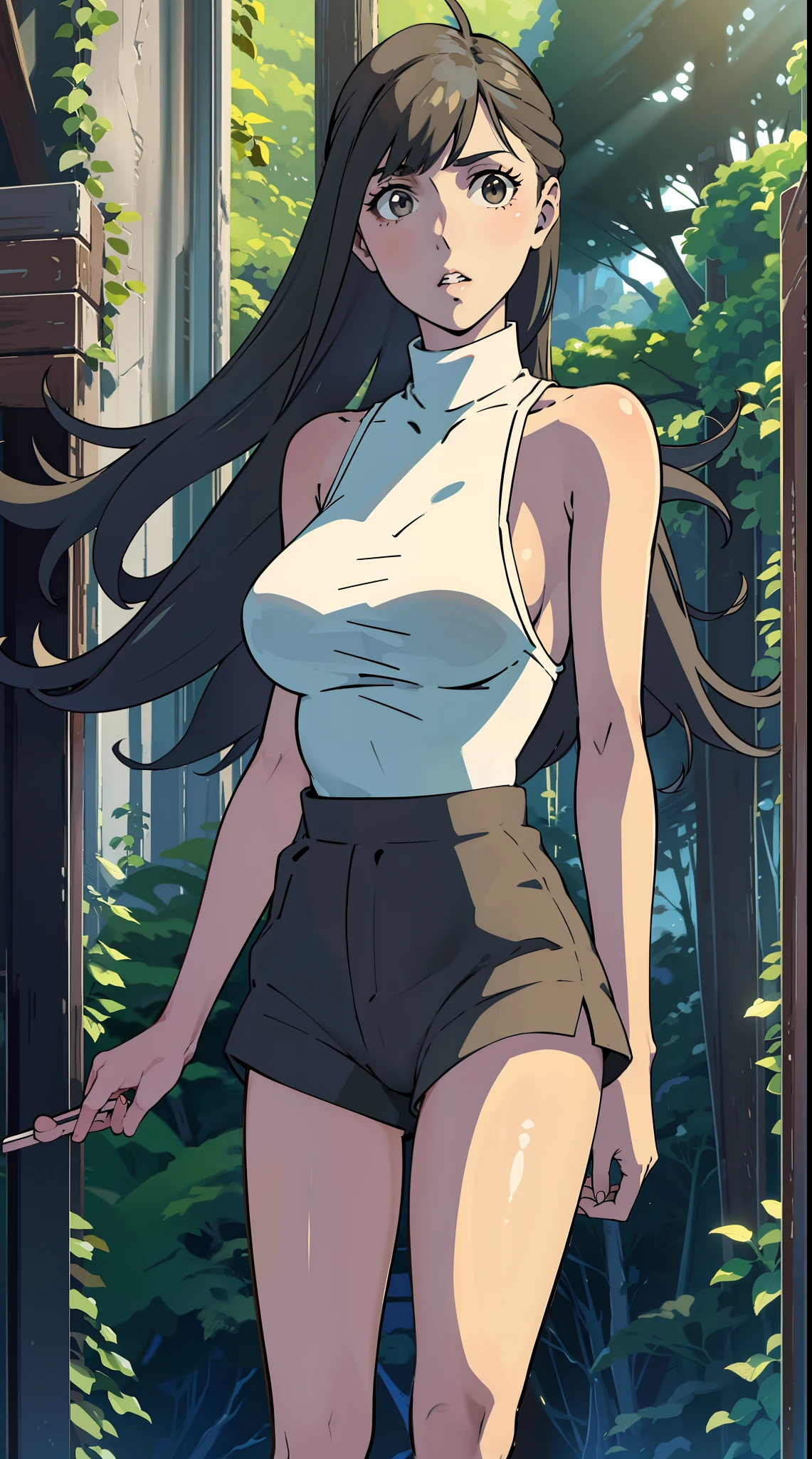 1girll,long whitr hair,sleeveless turtleneck,High-waisted skinny shorts,Black tights,high-heels,huge boob,Delicate makeup,are standing,staring in the camera,ln the forest,floresta exuberante,The best lighting