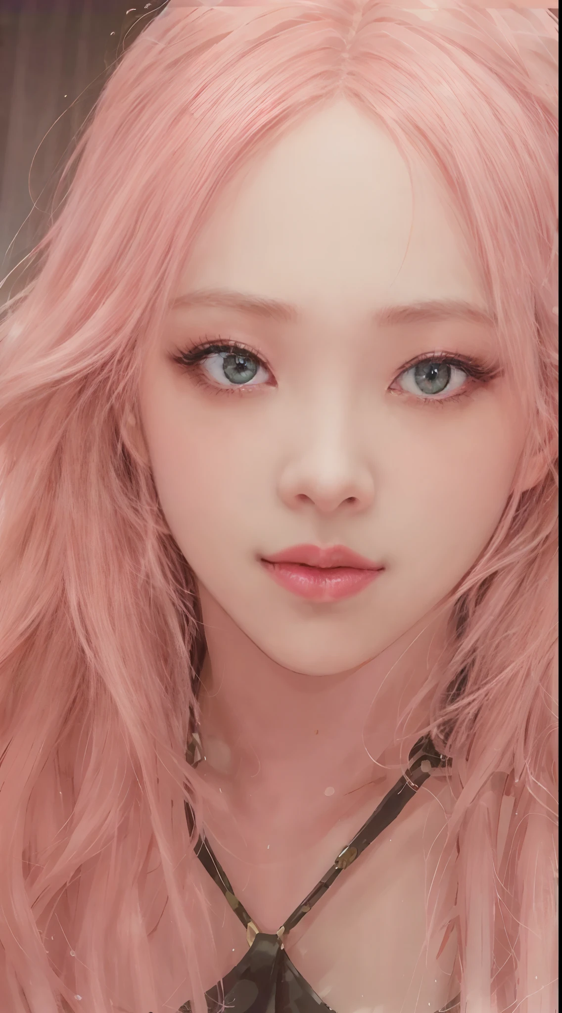 ((Rosé from Blackpink)), naked, close-up from thighs to face, very light skin, very long hair, wavy hair, cinema entrance, photorealistic, indirect lighting, volumetric light, ray tracing, hyperdetailed, best quality, high resolution, HDR, 8k