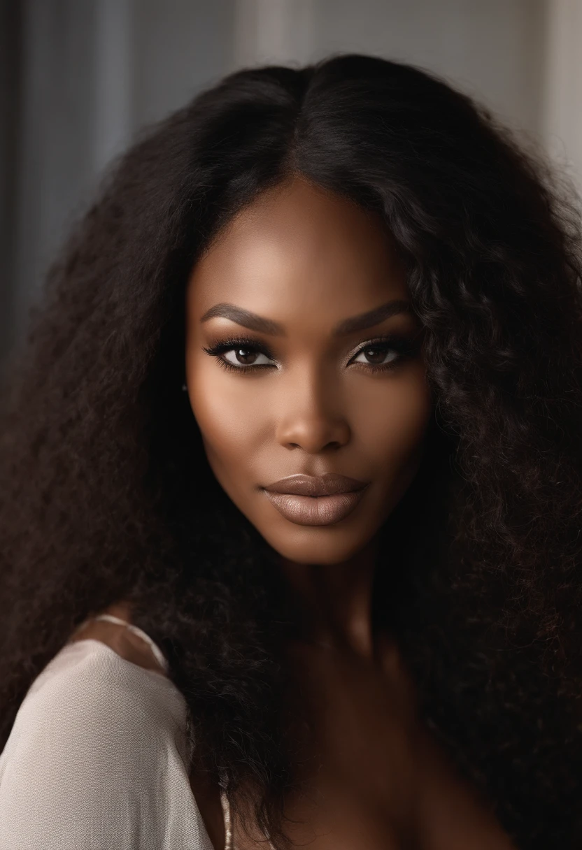 Black woman with black clothes, fille sexy aux yeux bruns, Portrait Naomi Campbell, cheveux bruns et grands yeux, Selfie d'une jeune femme, Yeux de chambre, sza, sans maquillage, maquillage naturel, looking straight at camera, Visage avec Artgram, Maquillage subtil, Superbe photo du corps entier, on a balcony with mountains behind her, French cleavage