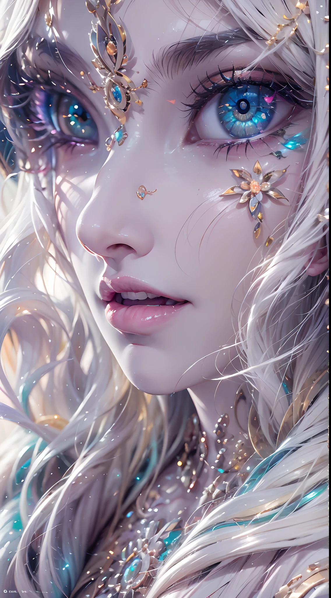 (best qualtiy,ultra - detailed,Most Best Illustration,Best shadow,tmasterpiece,A high resolution,professionalartwork,famousartwork),Sky blue picture style,Detailed eyes,beautidful eyes,closeup cleavage,sci-fy,colored sclera,Robot eyes,face markings,Tattooed with,(fractalized,Fractal eyes),largeeyes,Wide eyes,(Eye focus),sface focus,Cosmic eyes,Space eyes,Close-up of metal sculpture of a woman with a moon in her hair,goddes。extremly high detail,3 d goddess portrait,Extremely detailed footage of the goddess,a stunning portrait of a goddess,Full body close-up portrait of the goddess,hecate goddess,portrait of a norse moon goddess,goddess of space and time,PureErosFace_V1,Urzang-6500-V1 version.1,