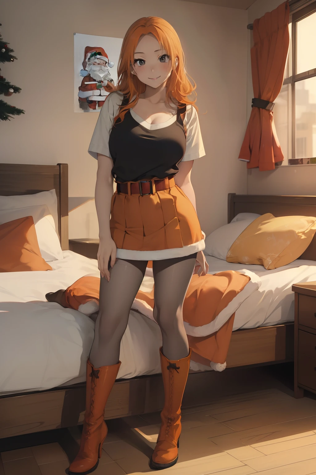 (masterpiece、top-quality、top-quality、Beautifully Aesthetic:1.2)、ighly detailed、highestdetailed、grey eyes、orange color hair|Semi-long blonde hair、((Santa Clothes))、(pantyhose)、Matsumoto Rangiku、graffiti art、Look at the viewer、A smile、Bedroom、on the beds、(boots)、((a miniskirt))