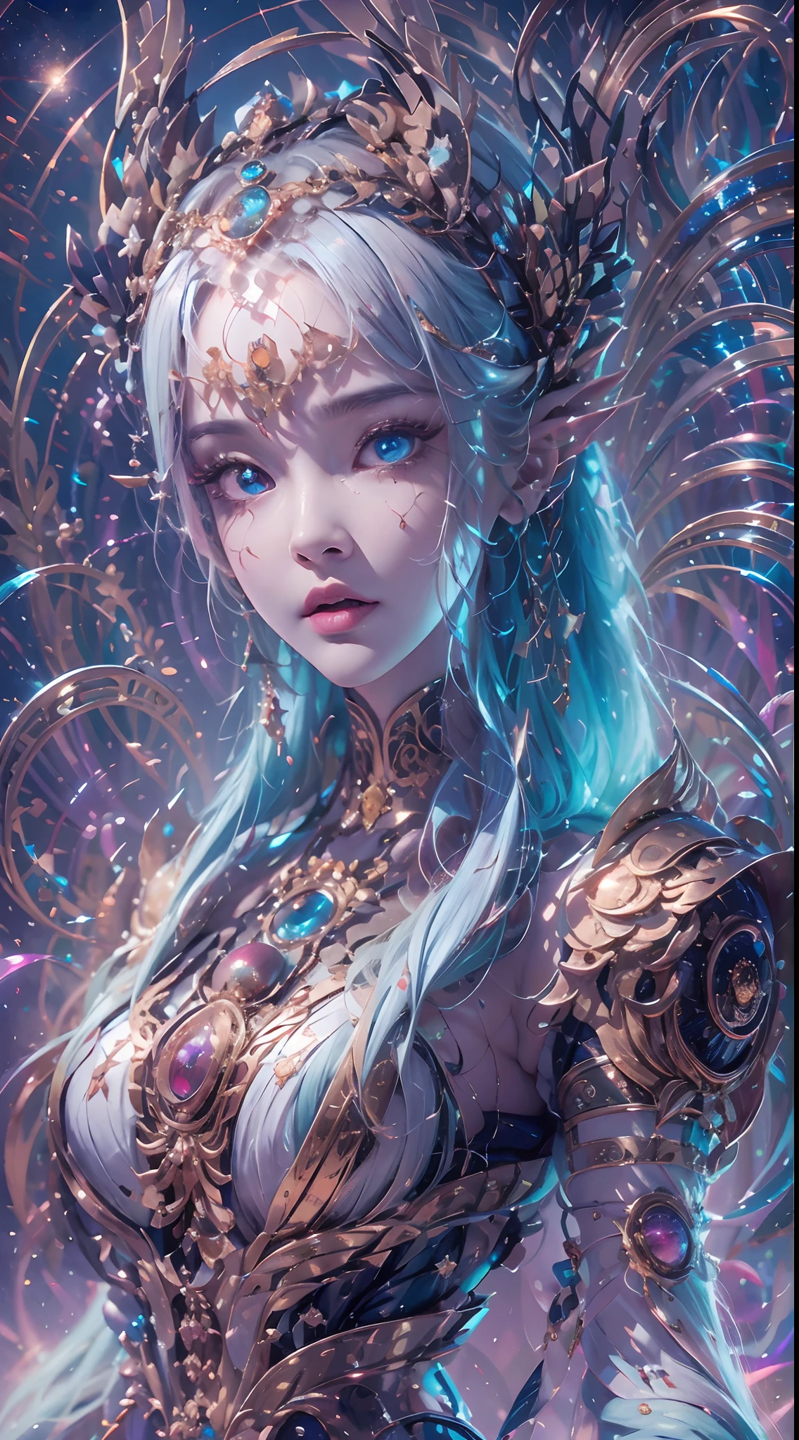 （best qualtiy，ultra - detailed，Most Best Illustration，Best shadow，tmasterpiece，A high resolution，professionalartwork，famousartwork），Sky blue picture style，Detailed eyes，beautidful eyes，closeup cleavage，sci-fy，colored sclera，Robot eyes，face markings，Tattooed with，（fractalized，Fractal eyes），largeeyes，Wide eyes，（Eye focus），sface focus，Cosmic eyes，Space eyes，Close-up of metal sculpture of a woman with a moon in her hair，goddes。extremly high detail，3 d goddess portrait，Extremely detailed footage of the goddess，a stunning portrait of a goddess，Full body close-up portrait of the goddess，hecate goddess，portrait of a norse moon goddess，goddess of space and time，PureErosFace_V1，Urzang-6500-V1 version.1，