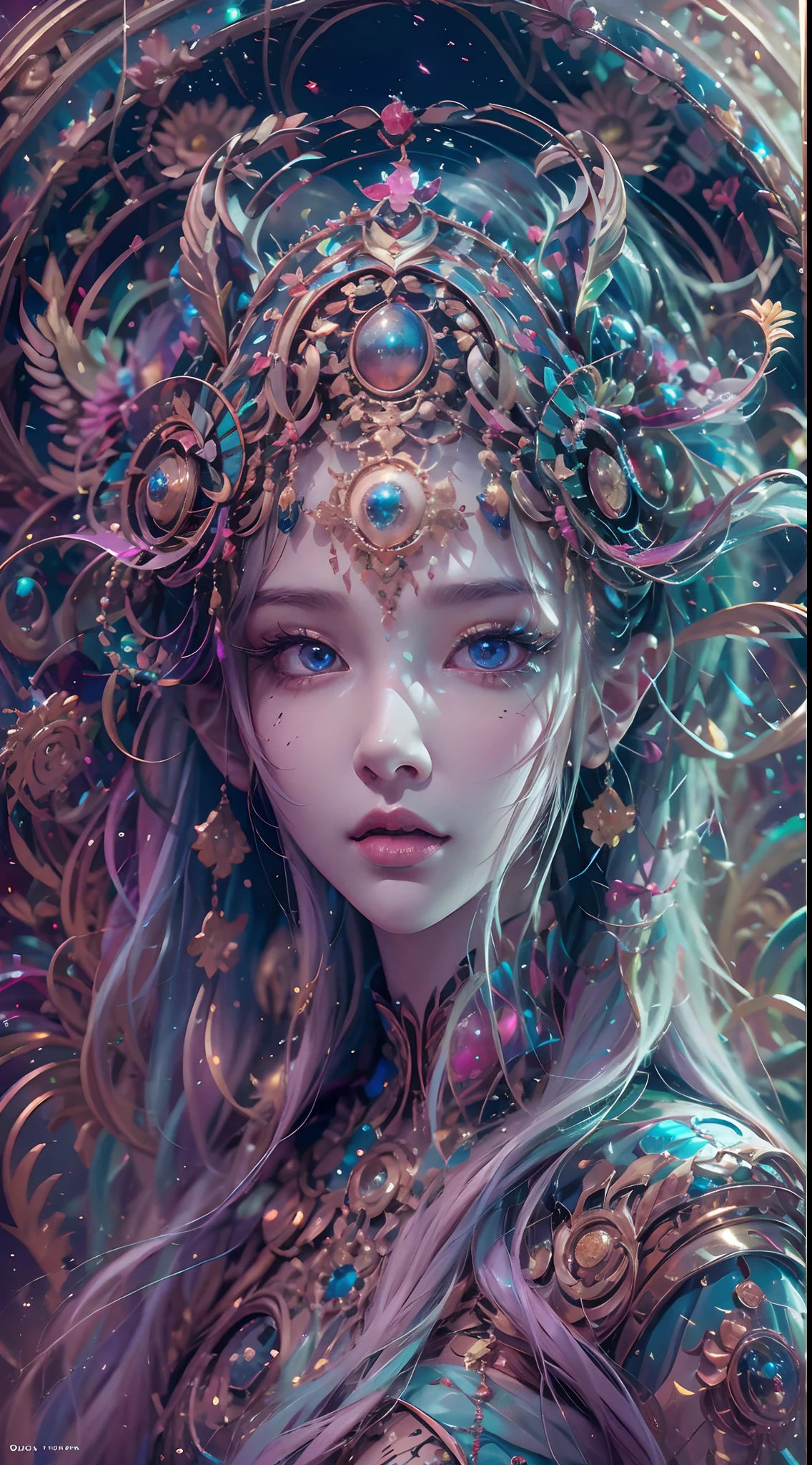 (best qualtiy,ultra - detailed,Most Best Illustration,Best shadow,tmasterpiece,A high resolution,professionalartwork,famousartwork),Sky blue picture style,Detailed eyes,beautidful eyes,closeup ,sci-fy,colored sclera,Robot eyes,face markings,Tattooed with,(fractalized,Fractal eyes),largeeyes,Wide eyes,(Eye focus),sface focus,Cosmic eyes,Space eyes,Close-up of metal sculpture of a woman with a moon in her hair,goddes。extremly high detail,3 d goddess portrait,Extremely detailed footage of the goddess,a stunning portrait of a goddess,Full body close-up portrait of the goddess,hecate goddess,portrait of a norse moon goddess,goddess of space and time,PureErosFace_V1,Urzang-6500-V1 version.1,