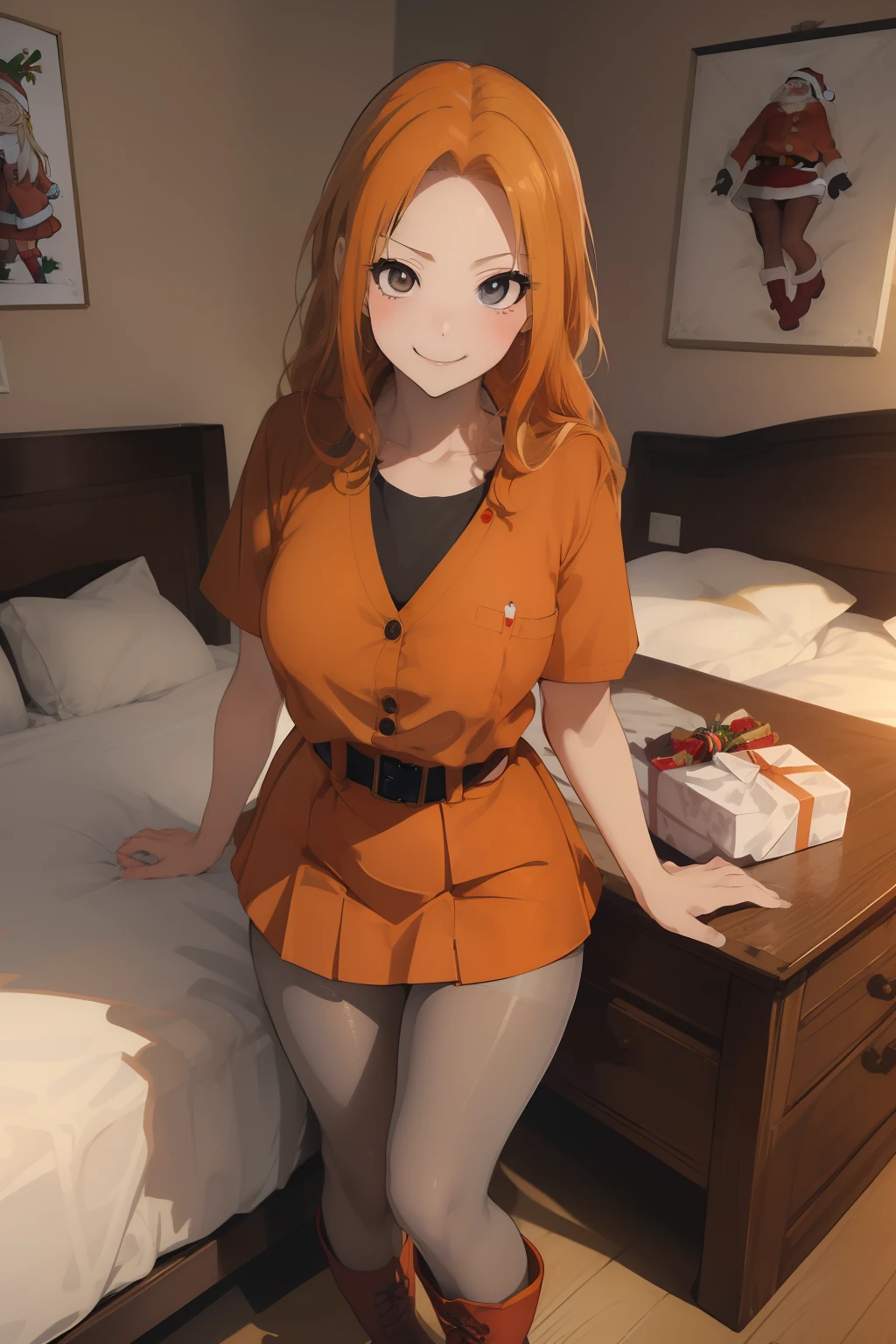 (masterpiece、top-quality、top-quality、Beautifully Aesthetic:1.2)、ighly detailed、highestdetailed、grey eyes、orange color hair|Semi-long blonde hair、((Santa Clothes))、(pantyhose)、Matsumoto Rangiku、graffiti art、Look at the viewer、A smile、Bedroom、on the beds、(boots)、((a miniskirt))