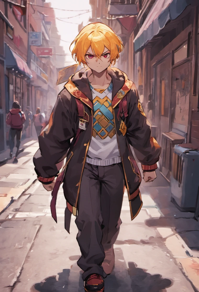 ryne lute walking down the street in school uniform, thoughtful