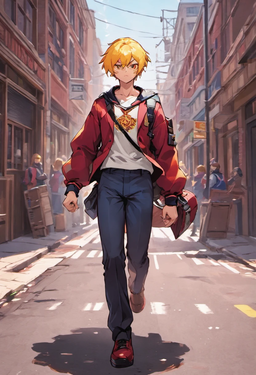 ryne lute walking down the street in school uniform, thoughtful