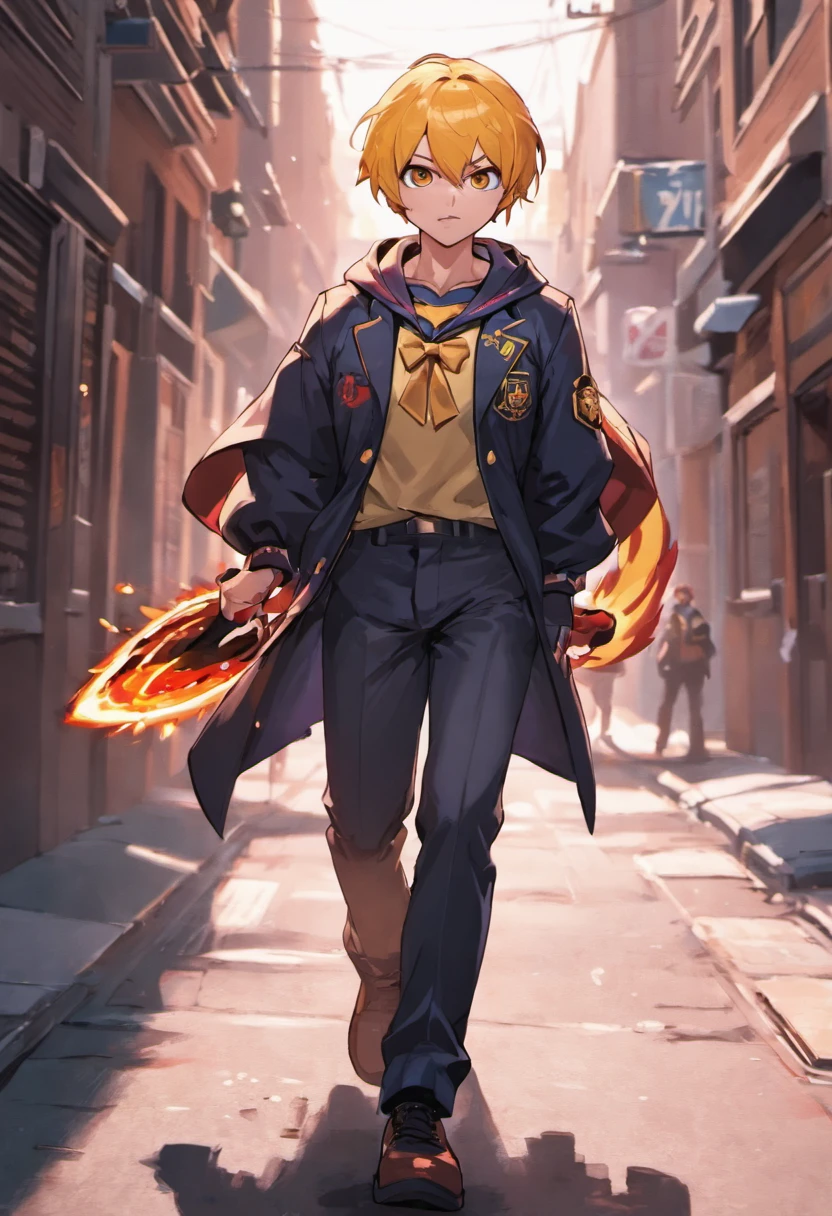 ryne lute walking down the street in school uniform, thoughtful