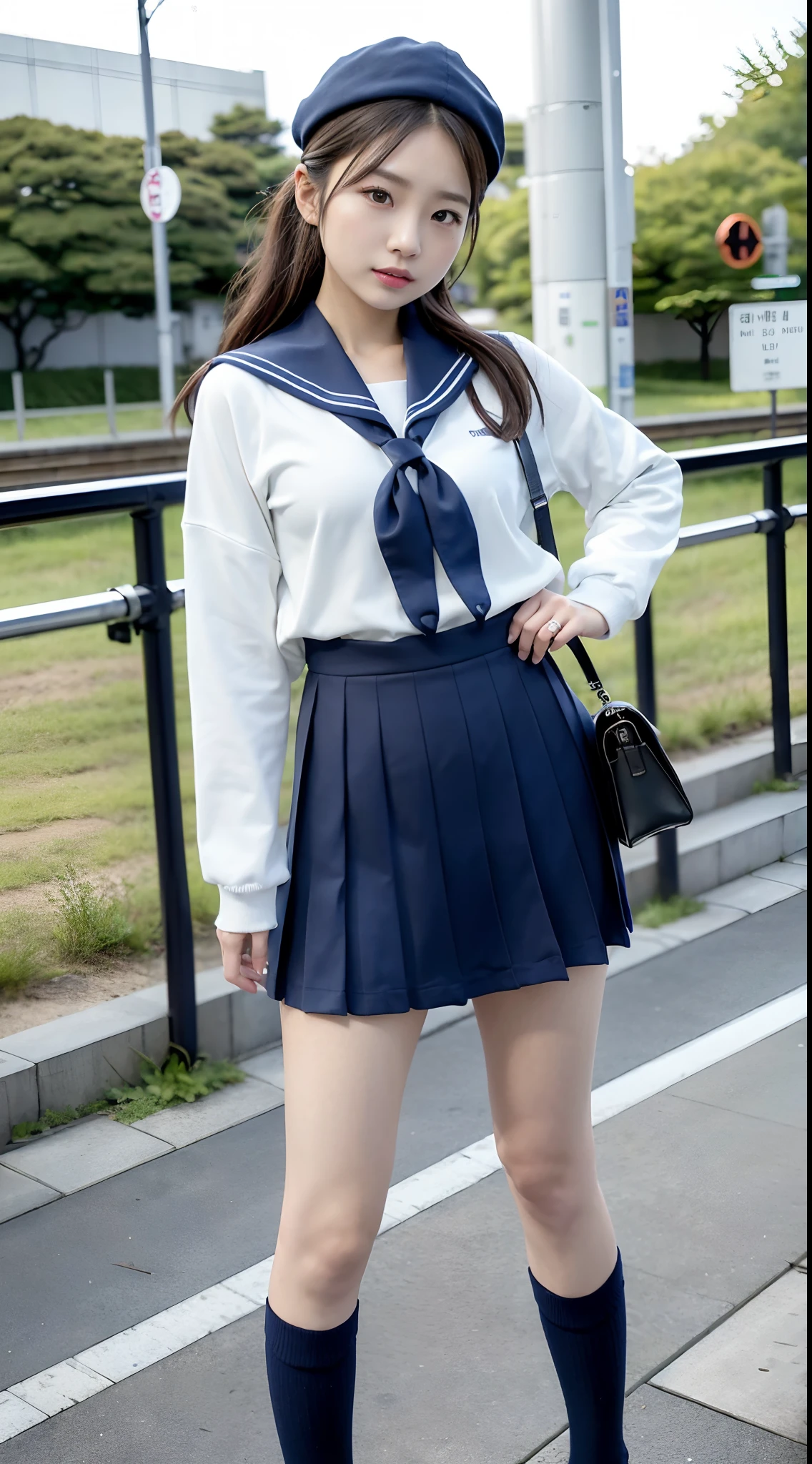mix4, (16 K, Raw photography, Top image quality, masterpiece: 1.45), (realisitic, Photorealsitic: 1.37), one girls, 7.5, etc、Random hairstyle、Standing figure,Daytime、a very cute,Station platform,, profetional lighting, photon maping、physically-based renderingt, Gradient dark brown hair,Crisp backgrounds and high resolution, a handsome, Well-groomed and beautiful eyes、Large double eyelids、Very shiny、girl with, (((student clothes、Winter clothes、Sailor suit worn by Japan girl、Navy blue sailor color、scarf、a miniskirt, Small beret、high socks、lowfers、Frugal bag))), Top Quality Photos, hight resolution, 1080p, (clearface), (Detailed face description), (Detailed hand description), (masterpiece), (Exquisite CG)、extreme light and shadows、dishevled hair、master work、abundant detail、(Fine facial features)、(top quality photo)、(masuter piece)、(A detailed eye)、Look in front of you、Fine clavicle、((Slender big))、(((Japan schooln sailor suit)))、((Idle system))、((Station platform、wicket、railroad crossing))、(((neat and cute)))、耳Nipple Ring、A big smile、Drawing the whole body from the knees、Do not draw nasolabial folds、(((Long sleeve sailor suit)))、(Big breasts that hang down big:1.2)、Big buttocks with tension、Two arms and two legs、(((from the front side:0.3)))、bare hand、No mask、No skin exposure