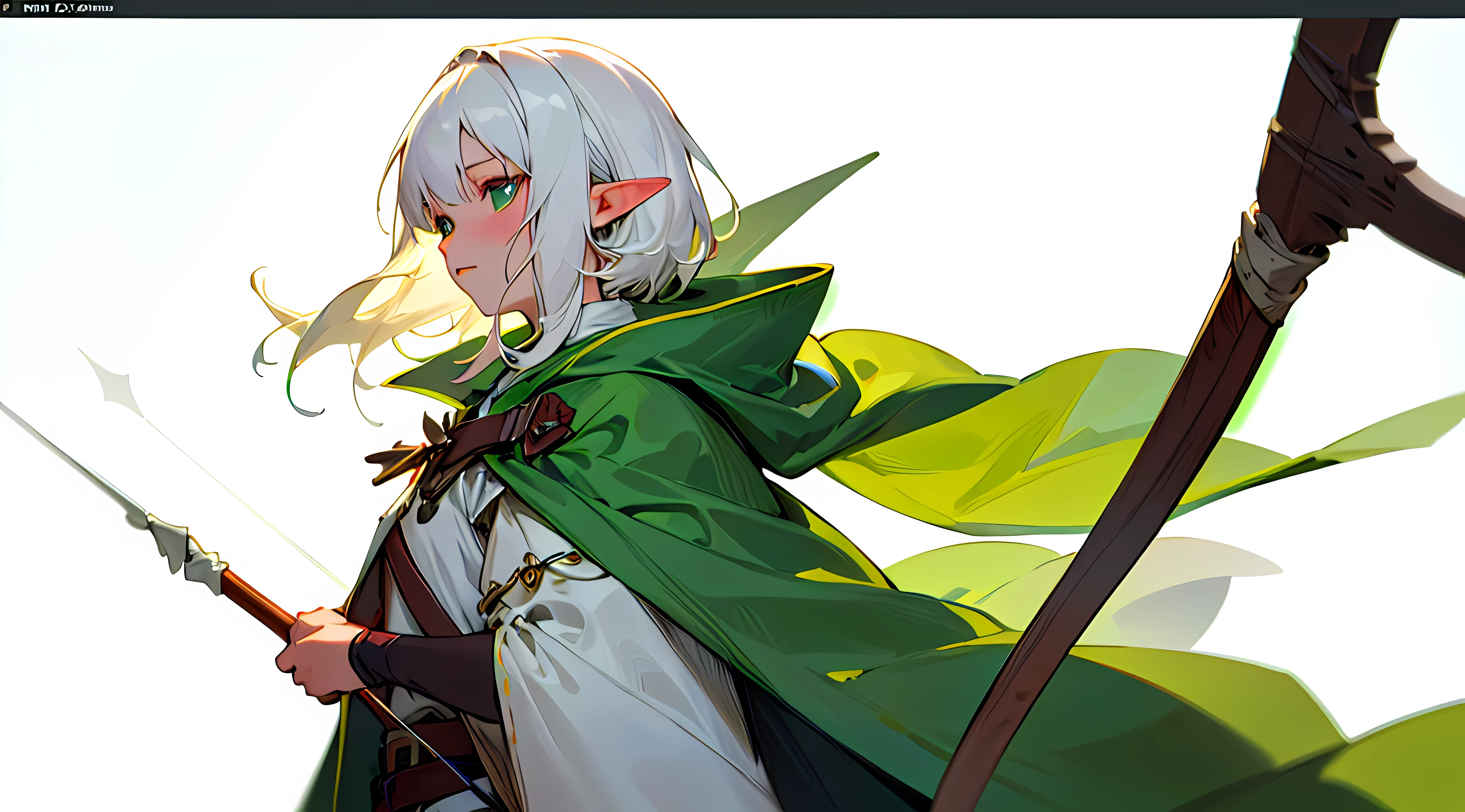 (masterpiece, bestquality),Solo Grill 1, White background, ,elf, archer, cloak,  White Hair,Green theme,fantasy,Look at the view.,Up Close
