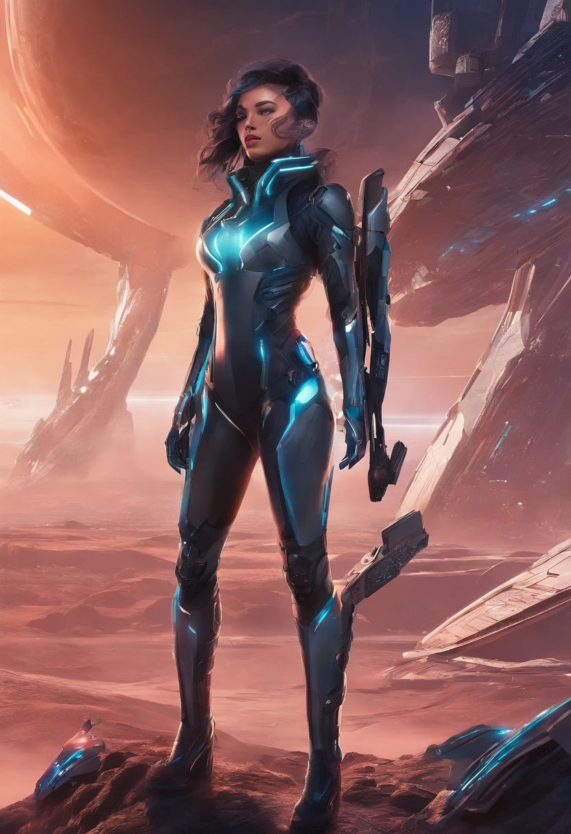 personagens feminina, Armadura futurista, cabelo longo preto, seios grandes, bunda grande, sorrir, capuz, segurando uma espada futurista, uma cidade futurista no fundo