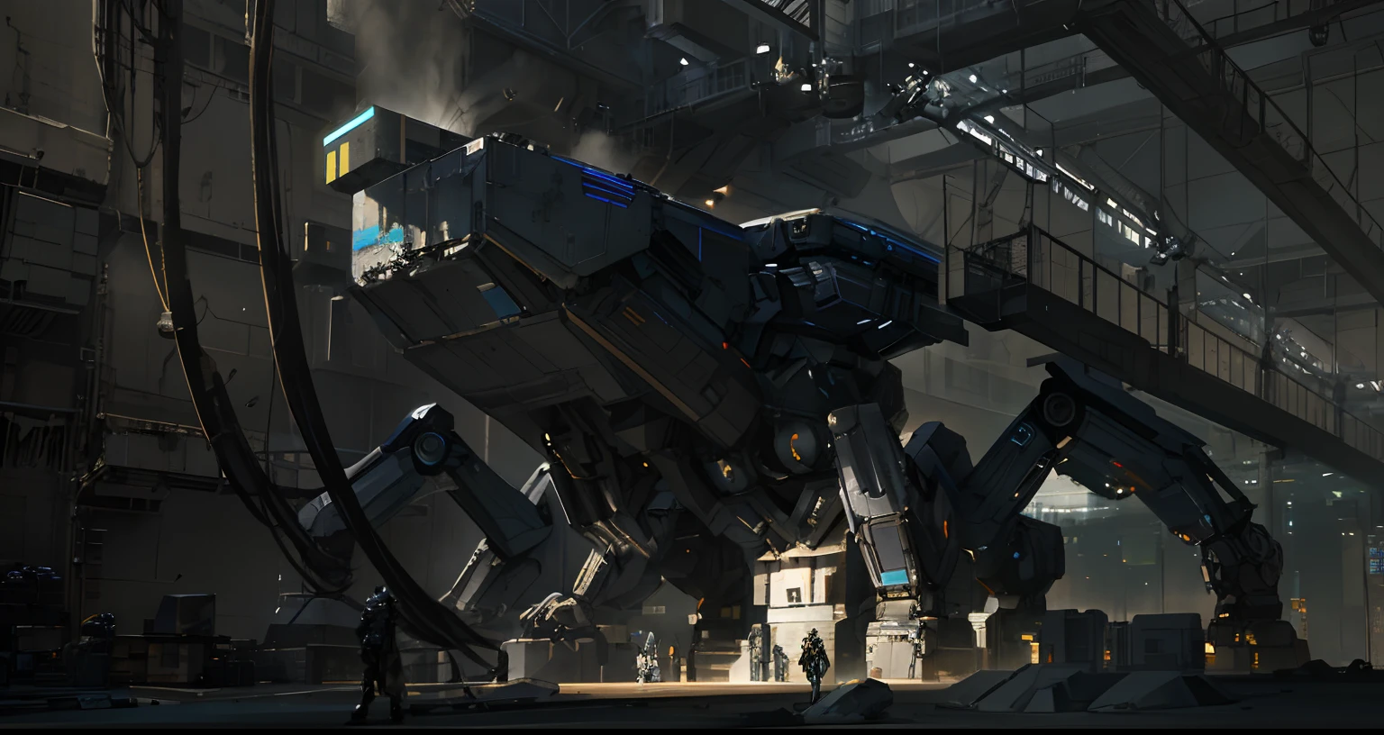 There was a huge robot standing in a building。, highly realistic concept art, ultra realistic concept art, hyperrealistic concept art, stunning sci-fi concept art, star citizen concept art, Arte conceptual fotorrealista, stunning concept art, Epic digital concept art, stunning photo real concept art, concept art like ernest khalimov, author：Craig Mullins