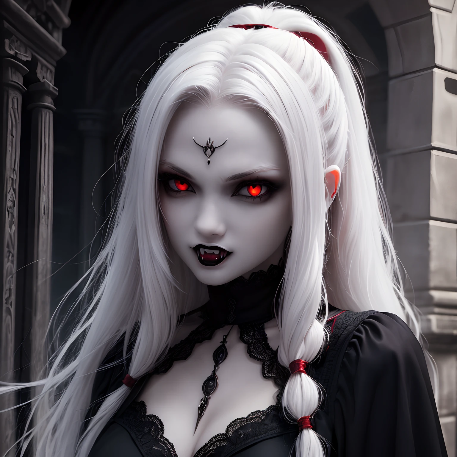 (masterpiece), best quality, expressive eyes, perfect face, ((Long white hair)), Vampire Fangs, ((Red eyes)), pale skin, black goth Dress ,ponytail, black tattoos, grave, dynamic pose, vampire, fangs, upper body, Vampire facing