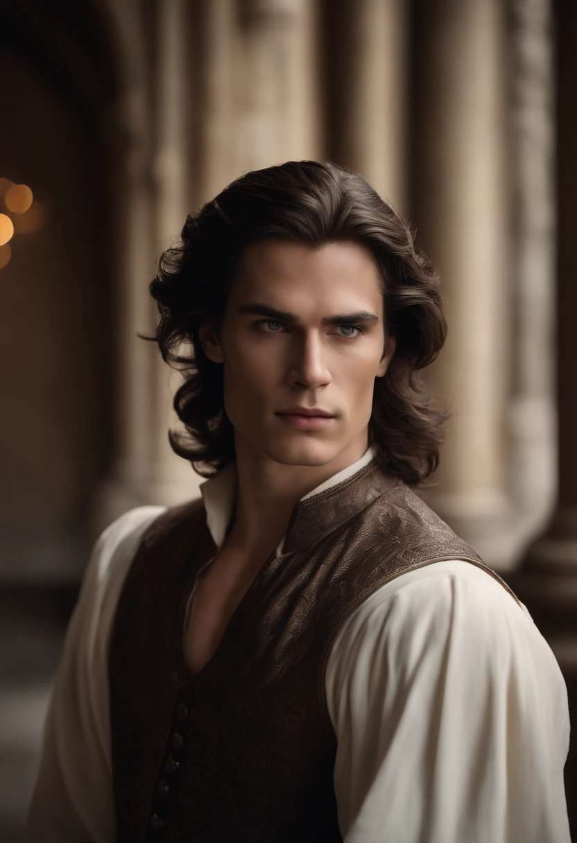 Gilthunder is a British man of medium height, with a slender yet muscular build that exudes confidence. His hair is a deep, smooth brown, reaching down to his neck, with some strands delicately falling onto his face, adding a touch of mysterious elegance.His face is truly remarkable, featuring handsome features and a chiseled jawline that bestow an air of determination. His skin is pale, with a subtle rosy undertone, further enhancing his classical beauty. His lips are naturally rosy, while his nose is straight and flawless, completing the harmony of his face.Gilthunder's eyes are like two deep pools of intense blue, carrying a serious and penetrating expression. They seem to reflect profound knowledge and unshakable inner strength.Dressed in a black medieval tunic, Gilthunder emits an aura of mystery and authority. His figure, with the tunic accentuating his silhouette, appears as if it's straight out of a tale of knights and castles. Additionally, he boasts a muscular physique, further enhancing his imposing presence.
