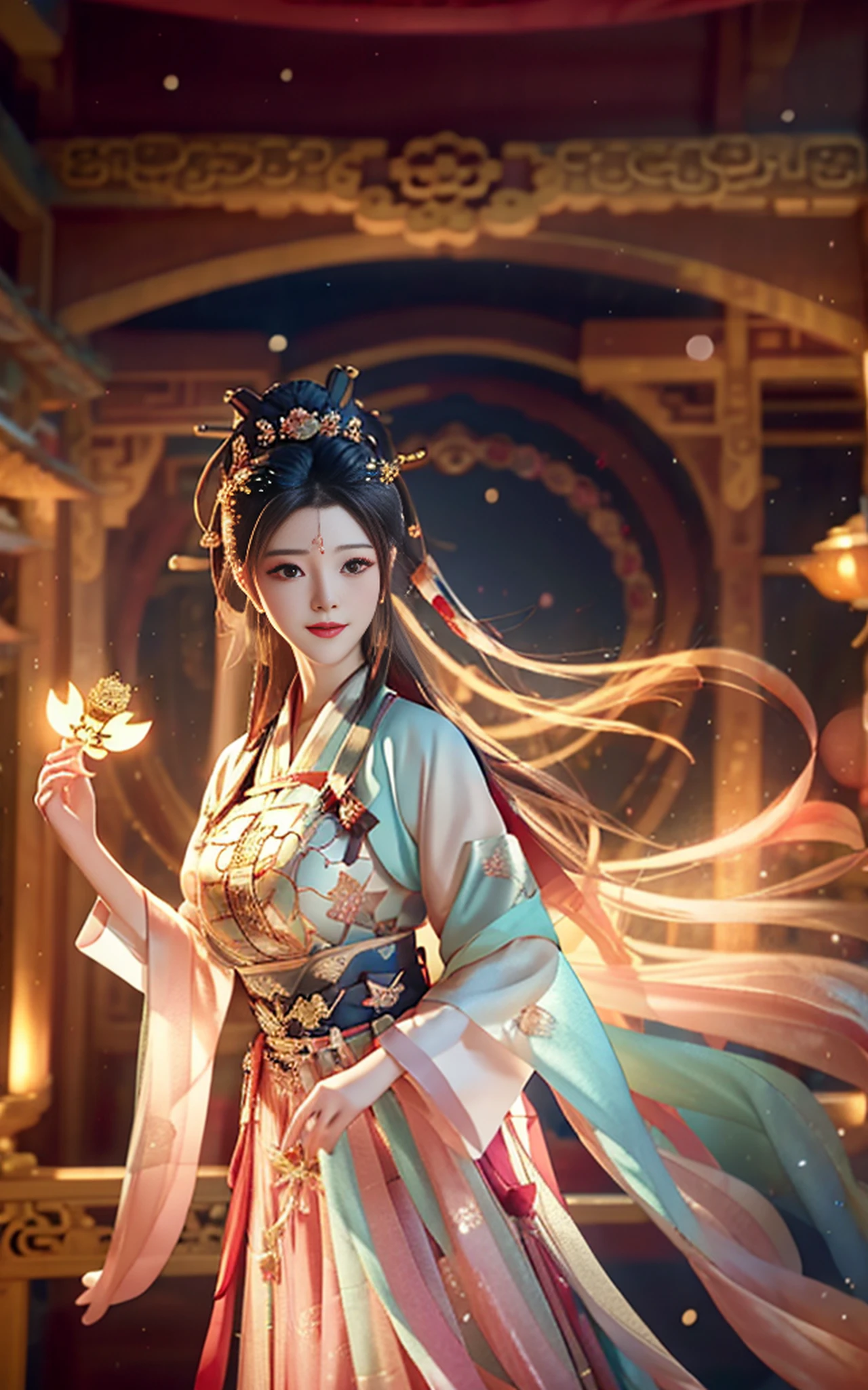 best quality, masterpiece, highres, 1girl,blush,(seductive smile:0.8),star-shaped pupils,china hanfu,hair ornament,necklace, jewelry,Beautiful face,upon_body, tyndall effect,photorealistic, dark studio, rim lighting, two tone lighting,(high detailed skin:1.2), 8k uhd, dslr, soft lighting, high quality, volumetric lighting, candid, Photograph, high resolution, 4k, 8k, Bokeh