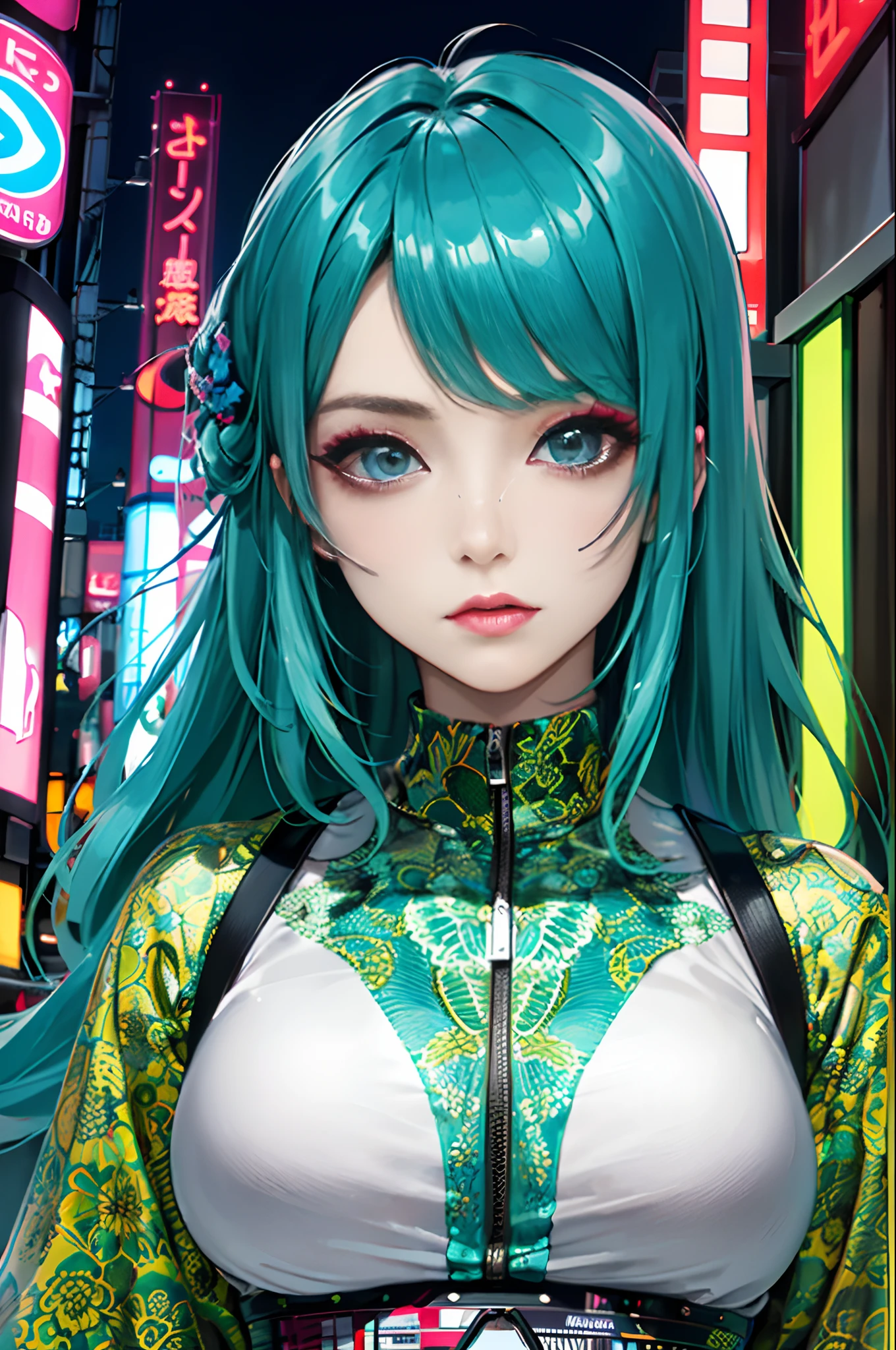 masterpiece, best quality,
1girl, looking at viewer, 
Confident girl with slightly sassy expression, Harajuku-inspired pop outfit, bold colors and patterns, eye-catching accessories, trendy and innovative hairstyle, vibrant makeup, futuristic and orderly dazzling cityscape, skyscrapers, neon signs, LED lights, bright and vivid color scheme,
anime, illustration,
 detailed skin texture, detailed cloth texture,  beautiful detailed face, intricate details, ultra detailed,