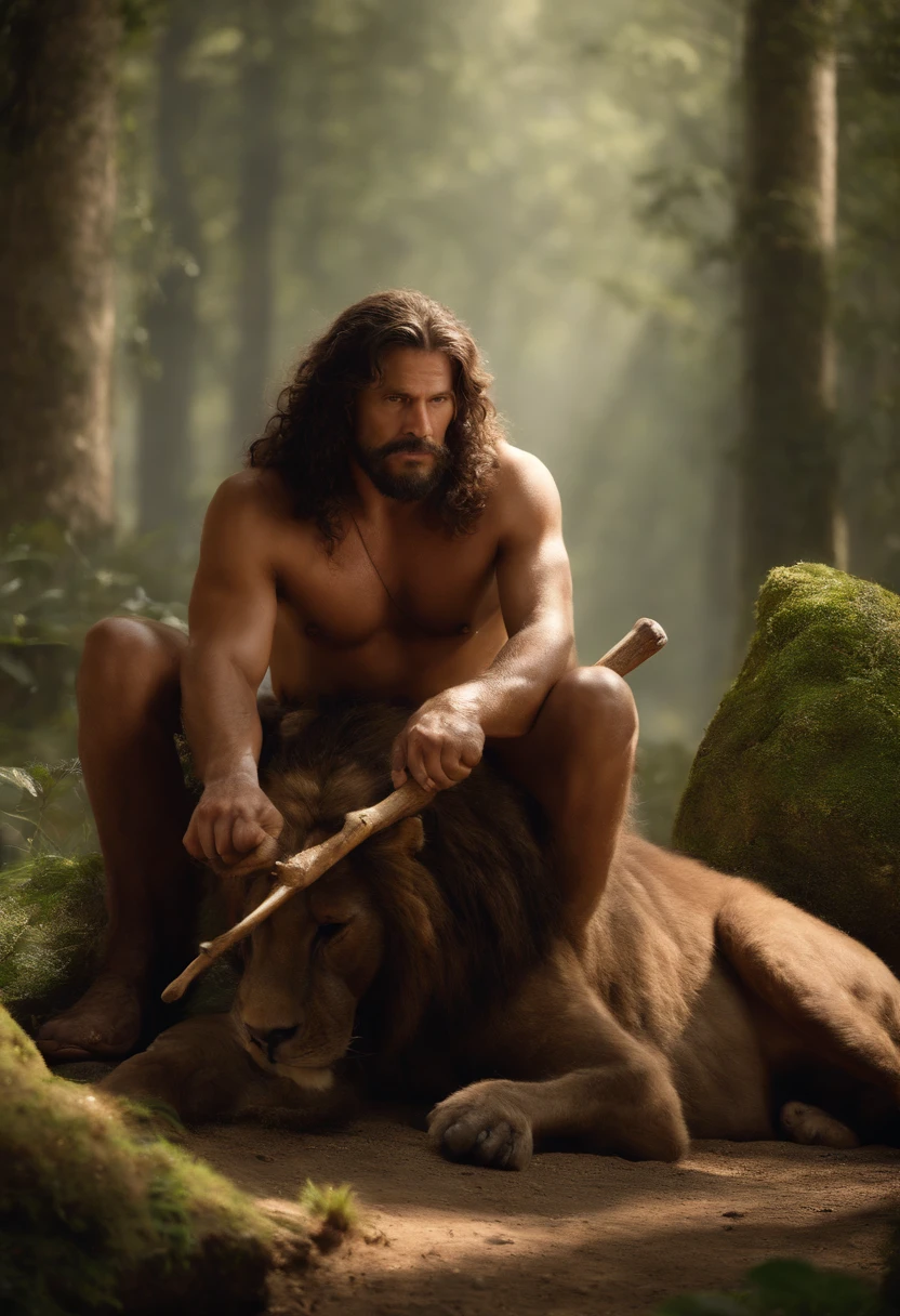 (Best quality, high resolucion, Realstic:1.37), A Stone Age Man, cheveux long et boucle, sitting on his knees with his stick next to him, and behind him lies a dead Smilodon, Ultra detailed, Ancien humain, Mode de vie traditionnel, Prehistoric scene, Realistic representation of the Stone Age