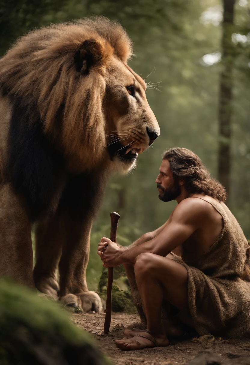 (Best quality, high resolucion, Realstic:1.37), A Stone Age Man, cheveux long et boucle, sitting on his knees with his stick next to him, and behind him lies a dead Smilodon, Ultra detailed, Ancien humain, Mode de vie traditionnel, Prehistoric scene, Realistic representation of the Stone Age